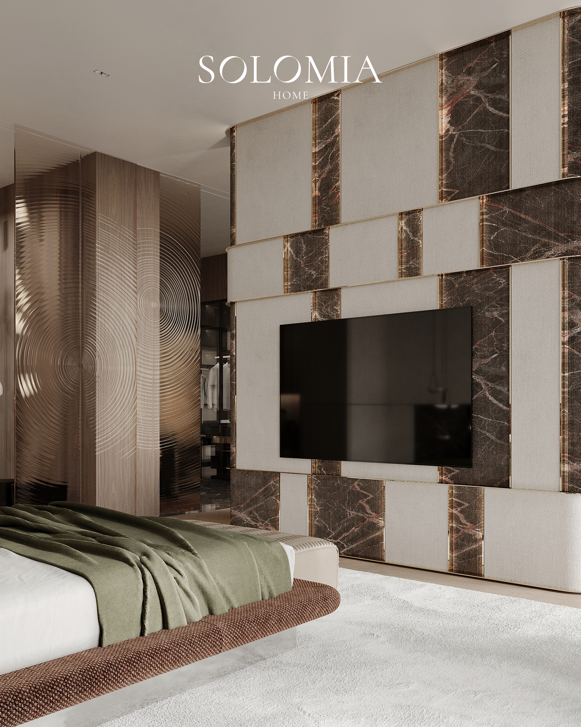 Bedroom TV wall with marble inlay, Aurum Coastline — luxury interior design Dubai