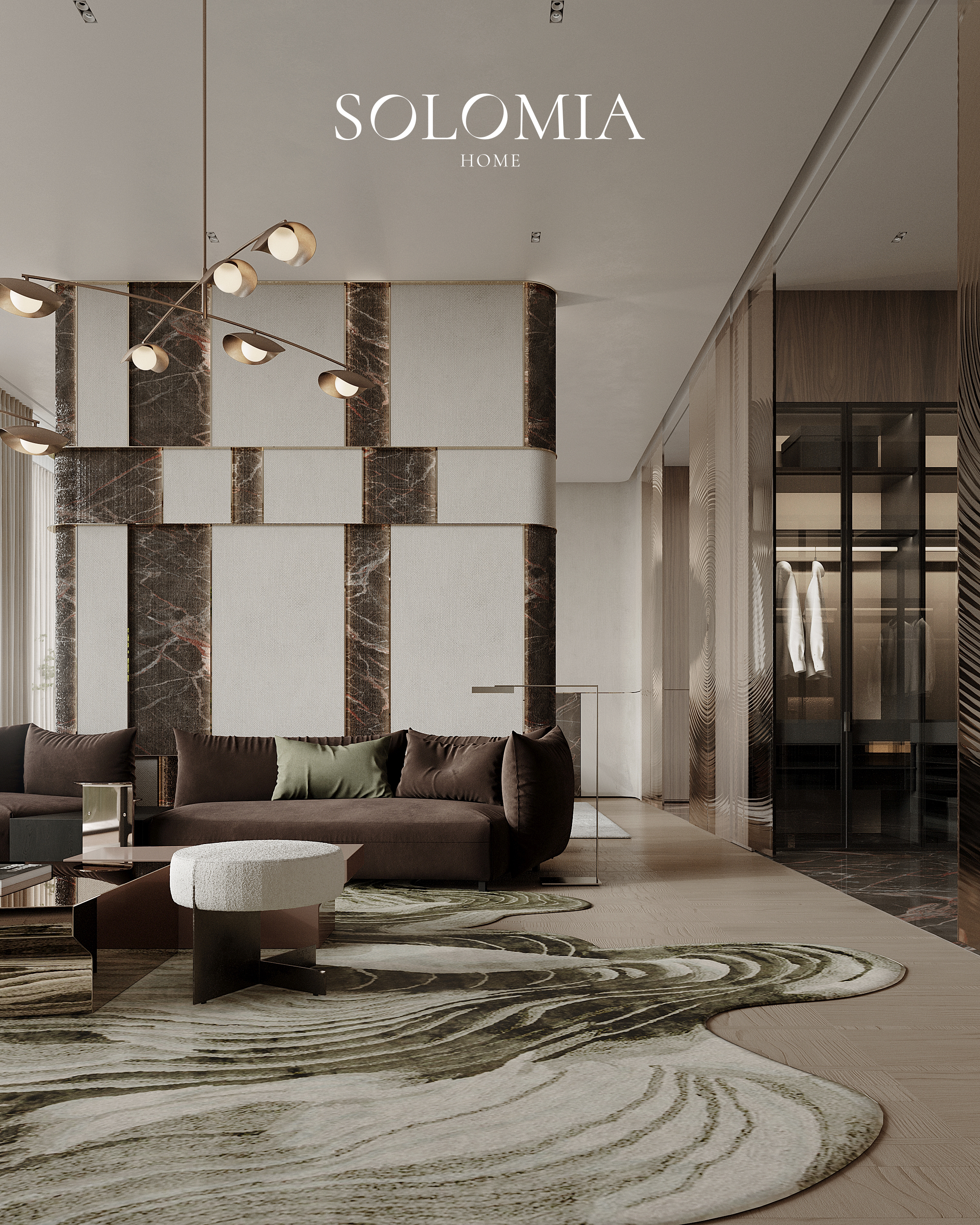 Living room with marble panel wall and brown sofa, Aurum Coastline — luxury interior design Dubai