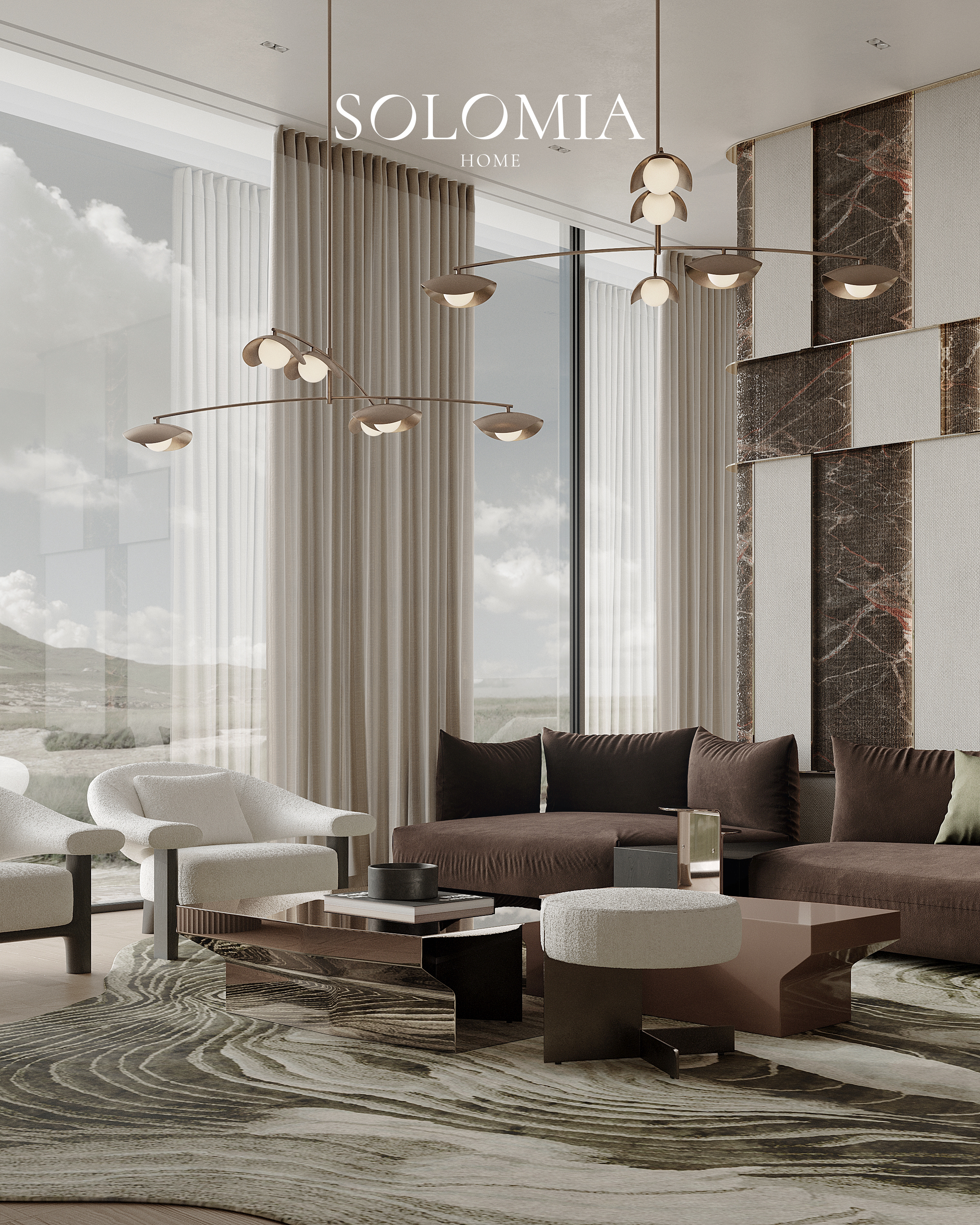 Living room with brown sofa and desert view, Aurum Coastline — luxury interior design Dubai