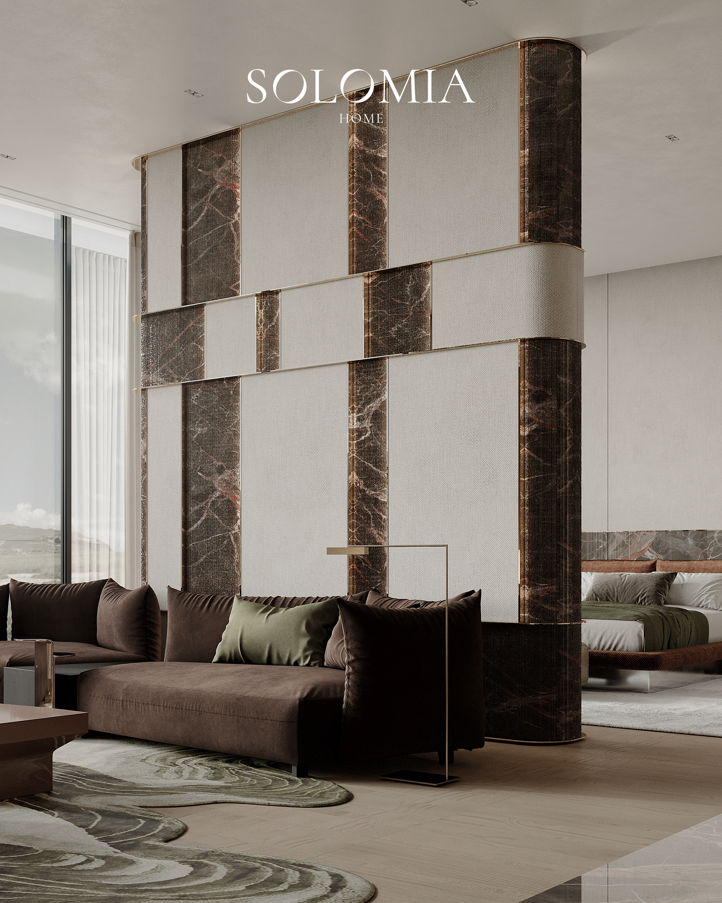 Lounge with marble wall panel and brown sofa, Aurum Coastline — luxury interior design Dubai