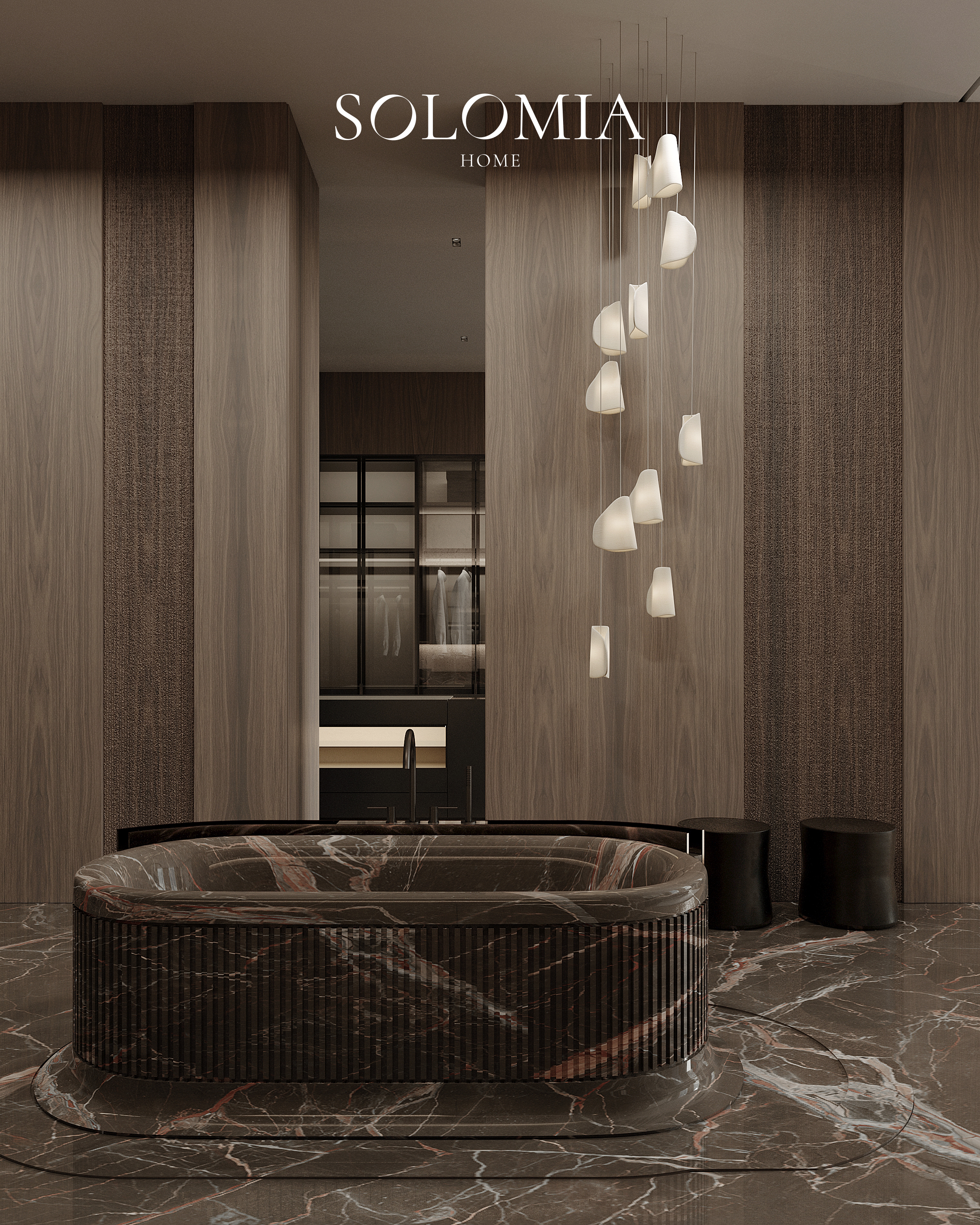 Bathroom with dark marble bathtub, Aurum Coastline — luxury interior design Dubai