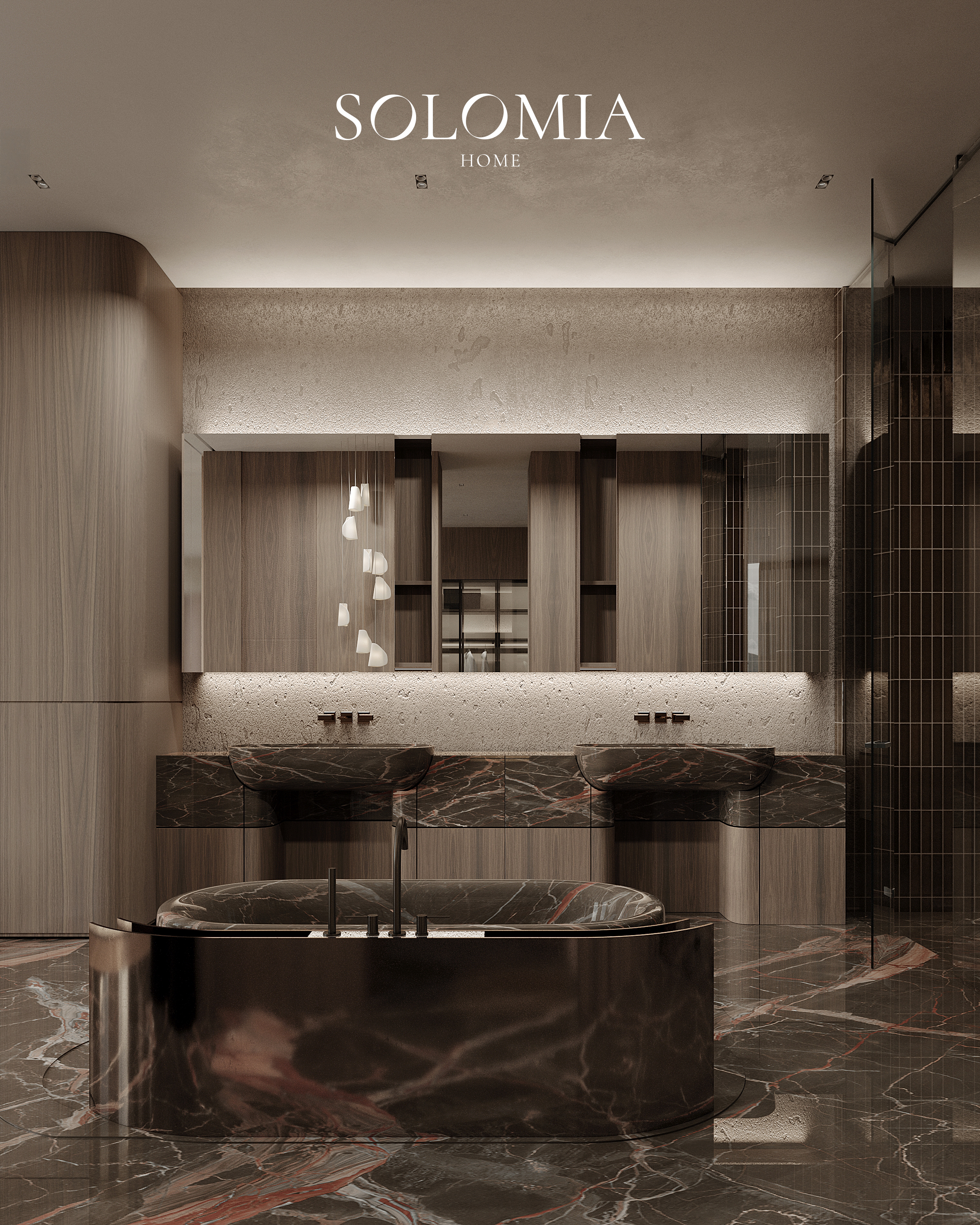 Bathroom with marble bathtub and wood, Aurum Coastline — luxury interior design Dubai