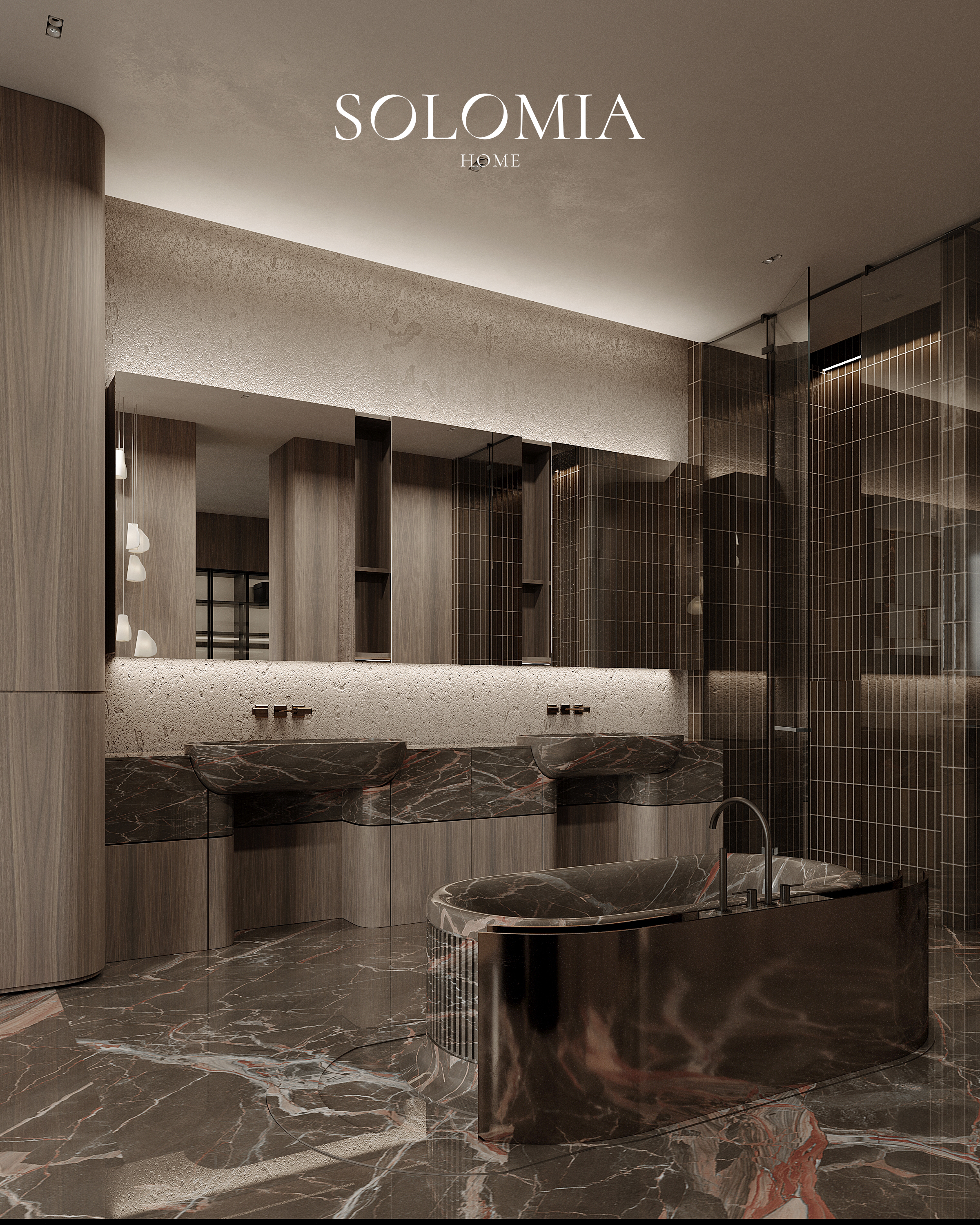 Bathroom with double vanity and marble tub, Aurum Coastline — luxury interior design Dubai
