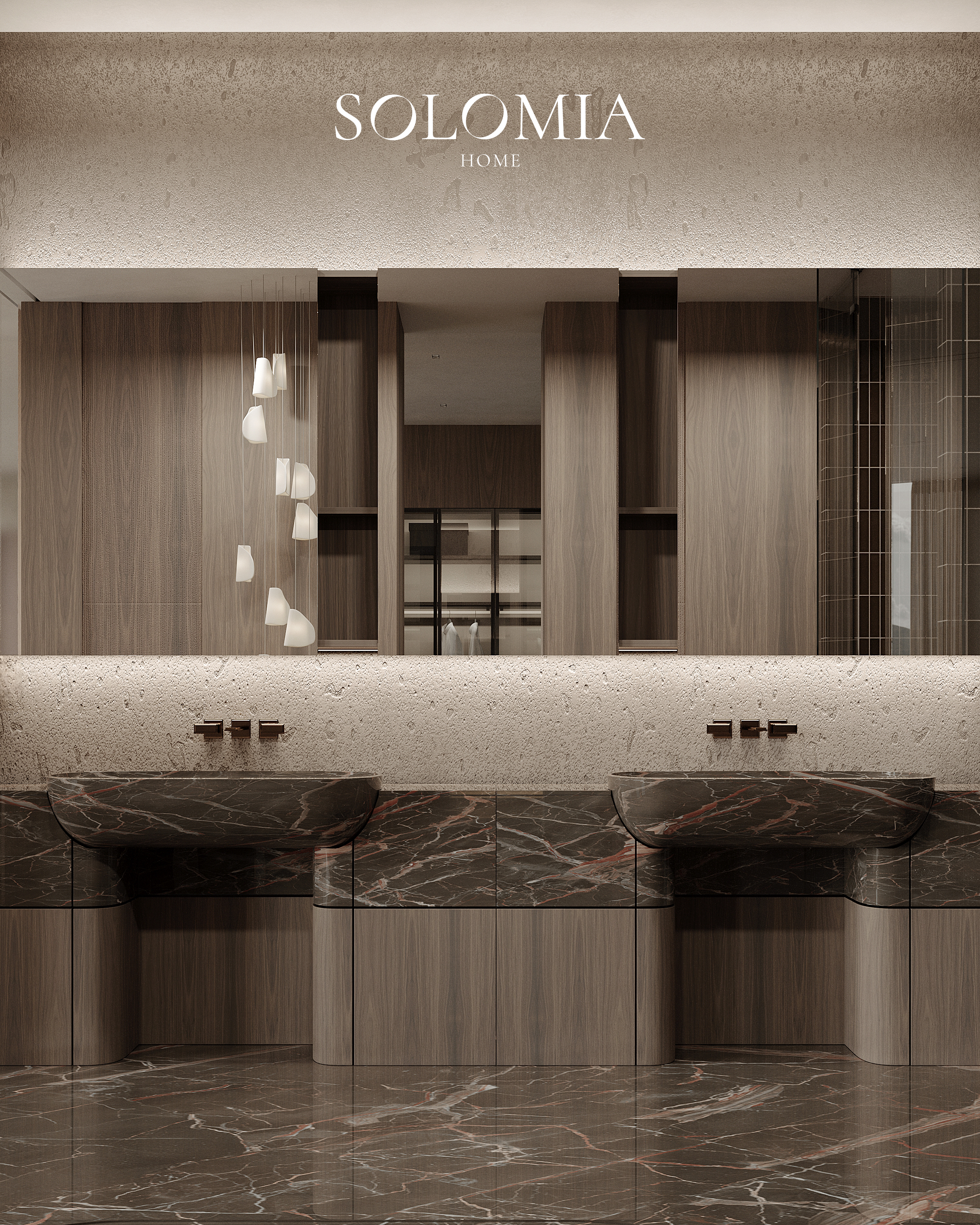 Bathroom with pendant lights and marble vanity, Aurum Coastline — luxury interior design Dubai