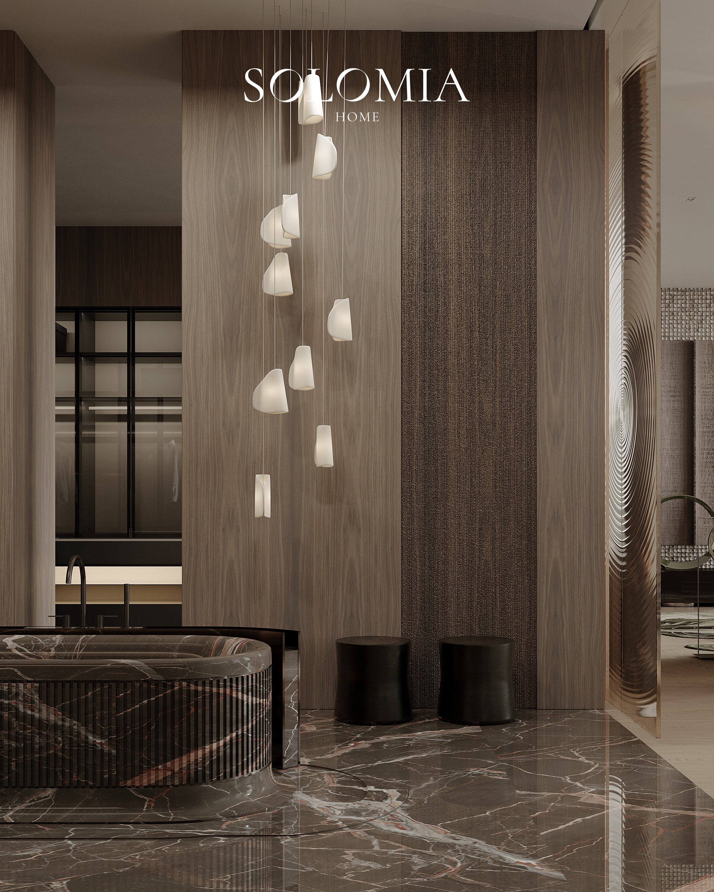 Marble bathtub with cascading pendant, Aurum Coastline — luxury interior design Dubai