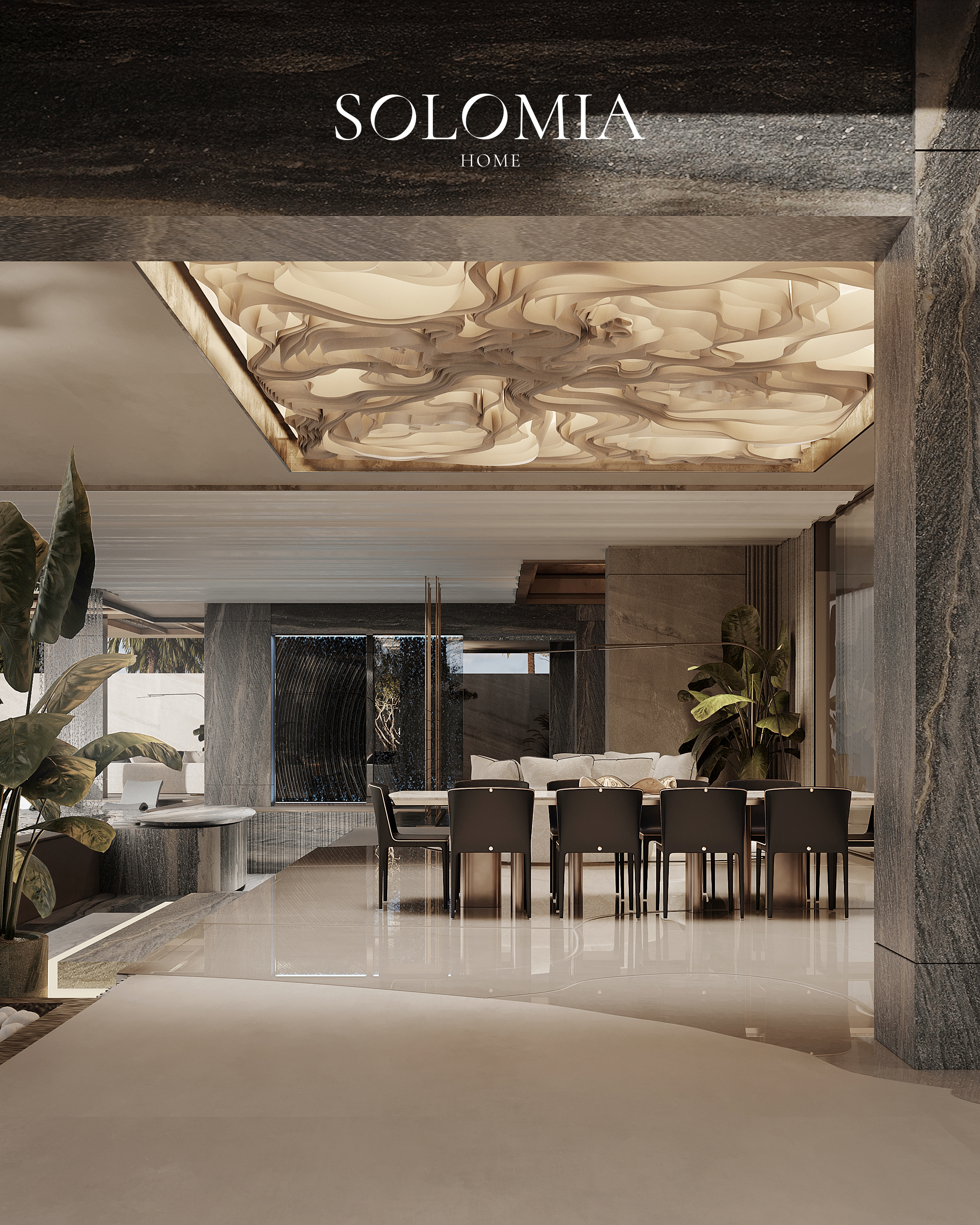 Dining room with onyx ceiling panel, Aurum Coastline — luxury interior design Dubai