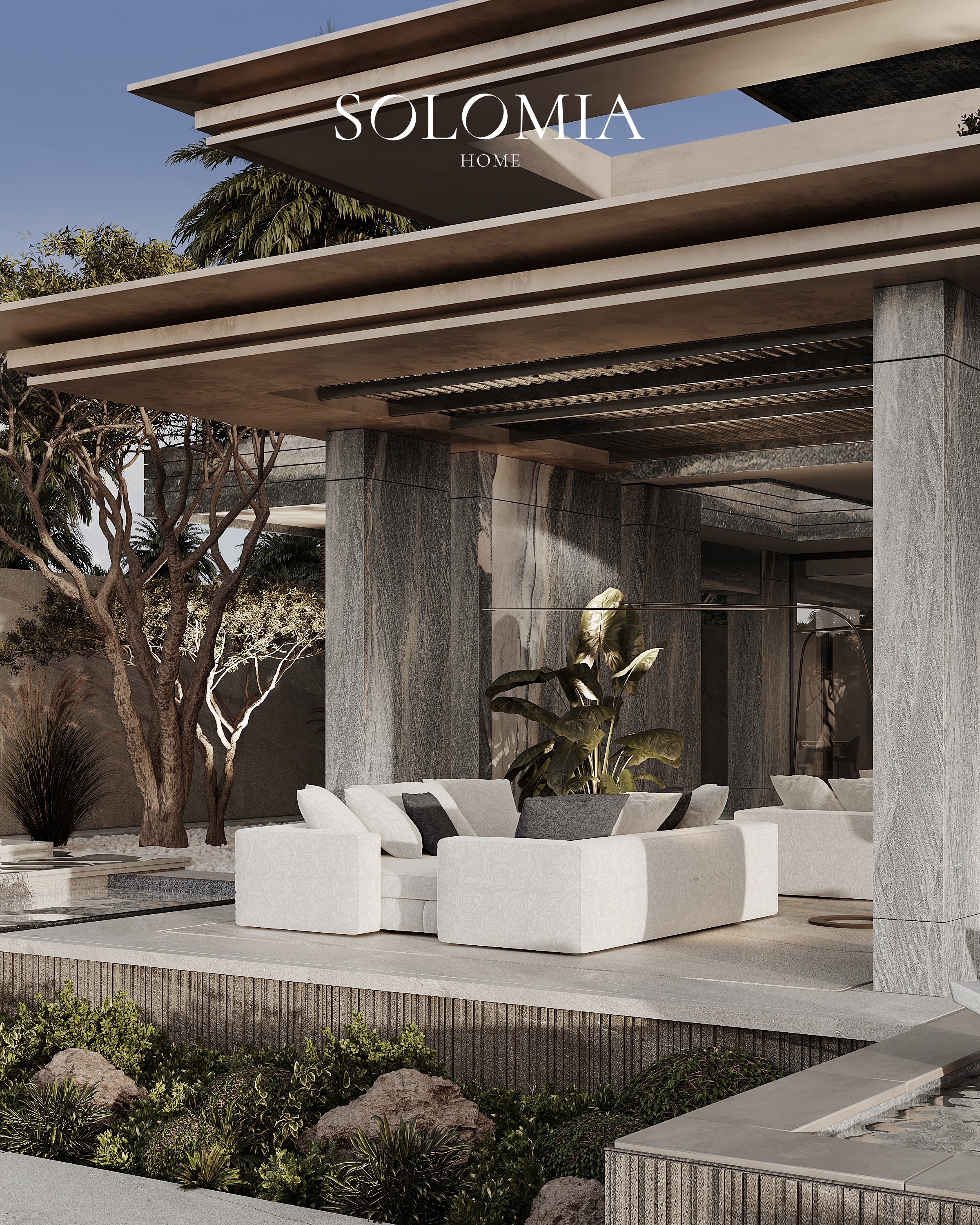 Covered terrace with white sofa, Aurum Coastline — villa exterior design Dubai