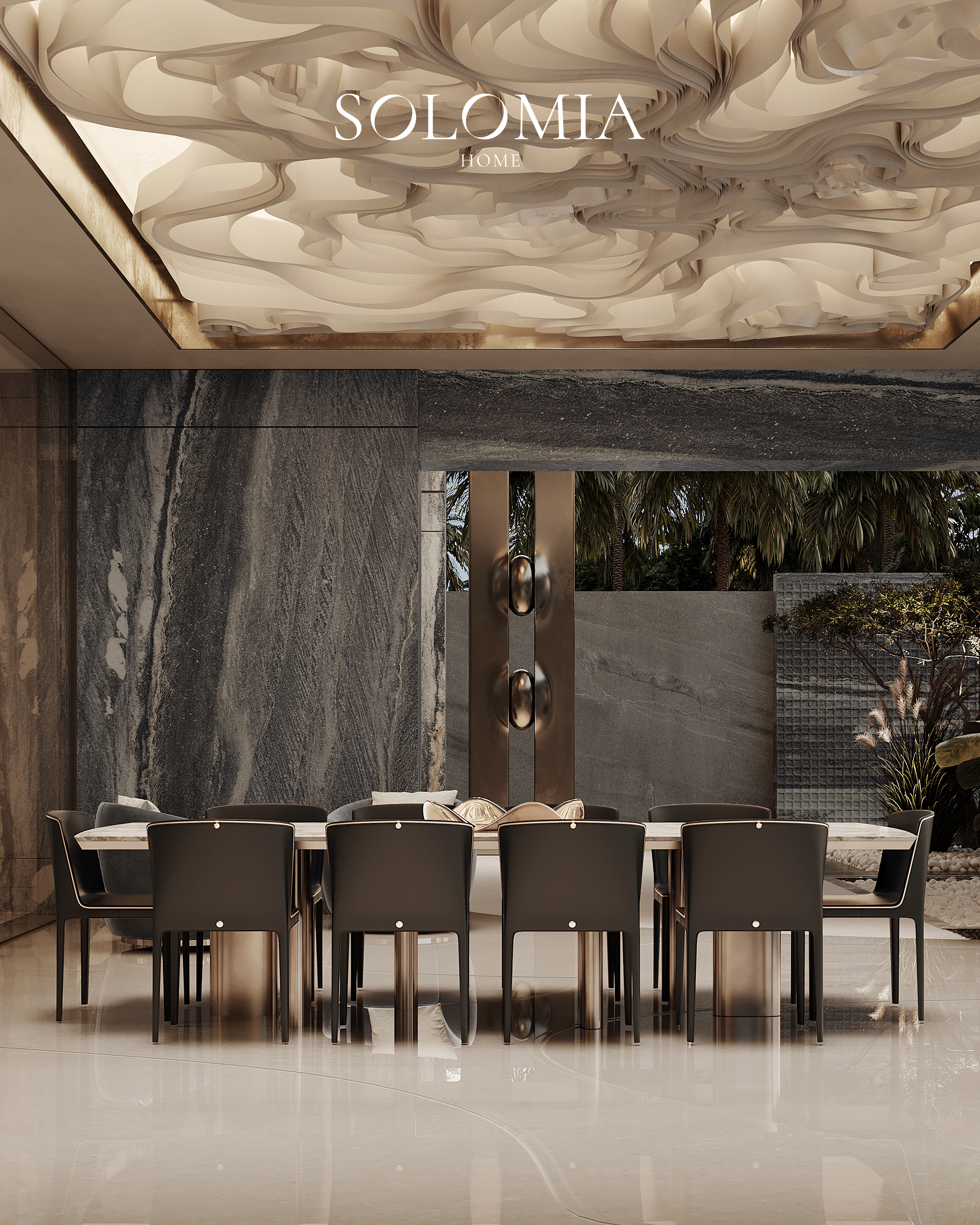 Dining room with onyx ceiling, Aurum Coastline — luxury interior design Dubai
