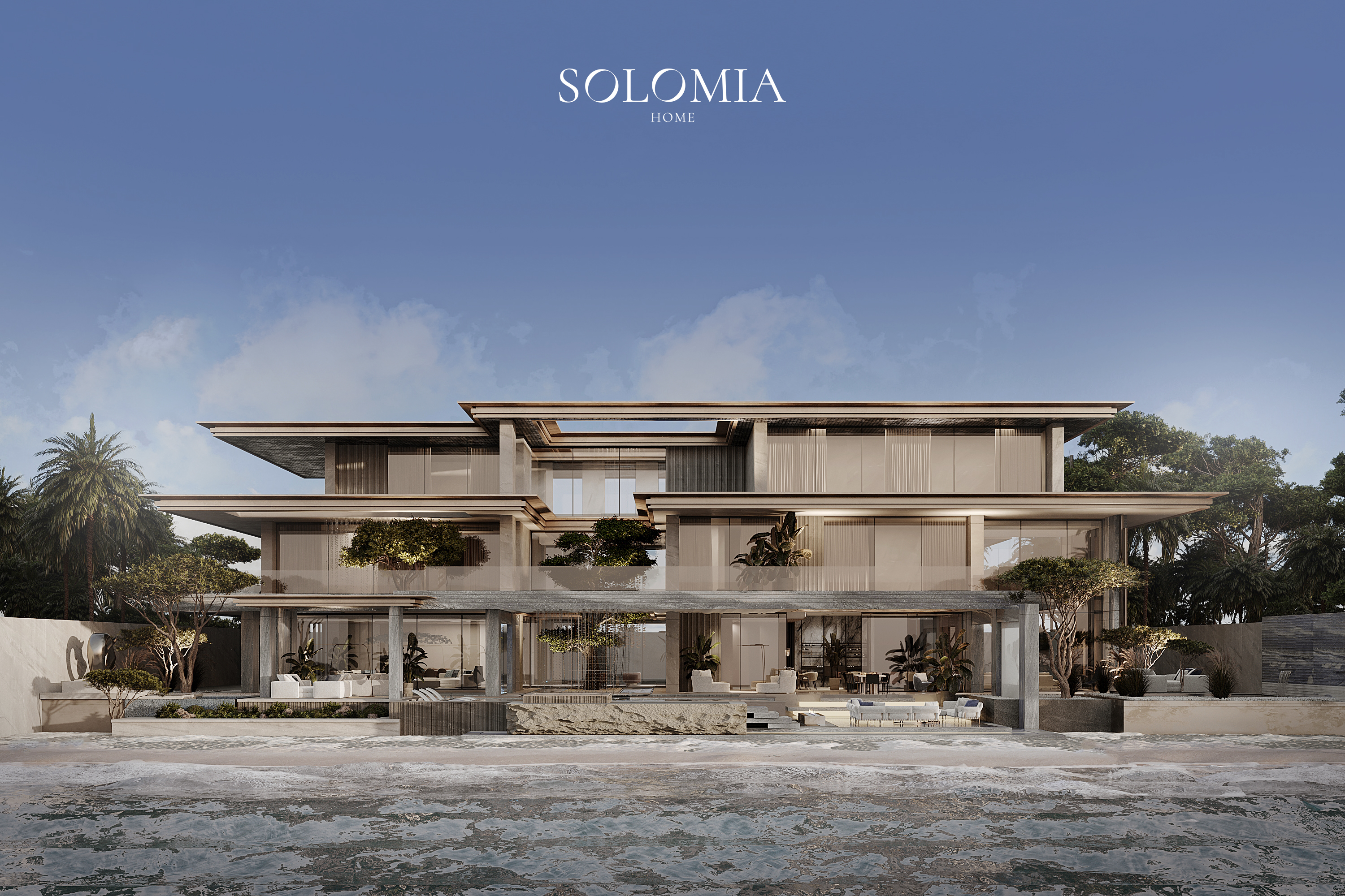 Villa exterior with palms and pool, Aurum Coastline — villa exterior design Dubai