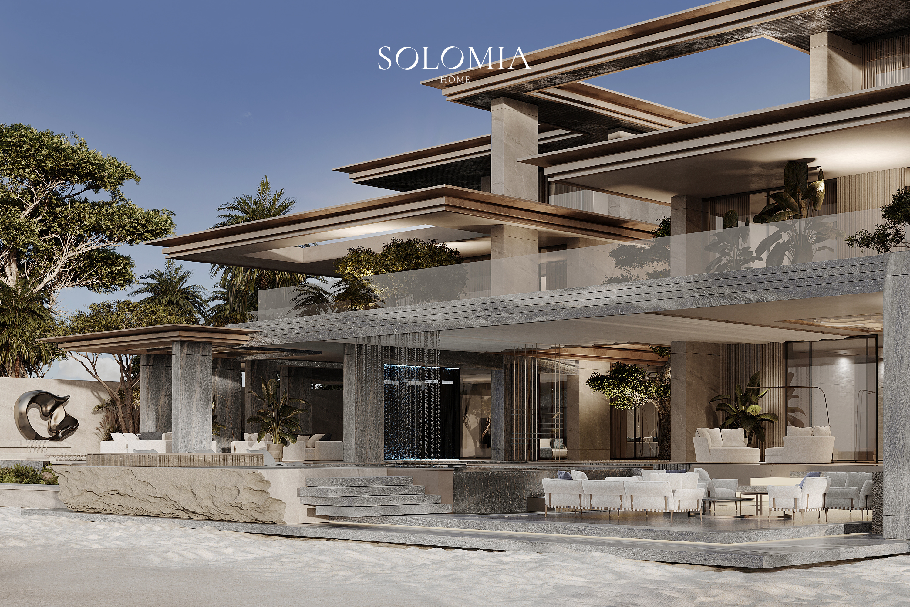 Villa terrace with outdoor sofas, Aurum Coastline — villa exterior design Dubai