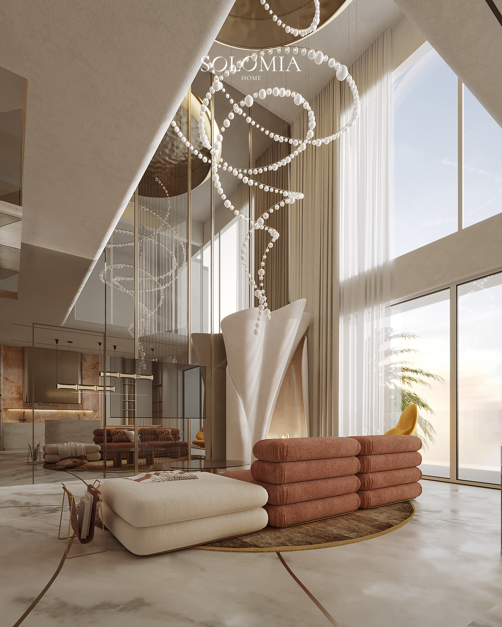 Living room with pink sofa and pearl chandelier, Fendi Design Villa — luxury interior design Vietnam