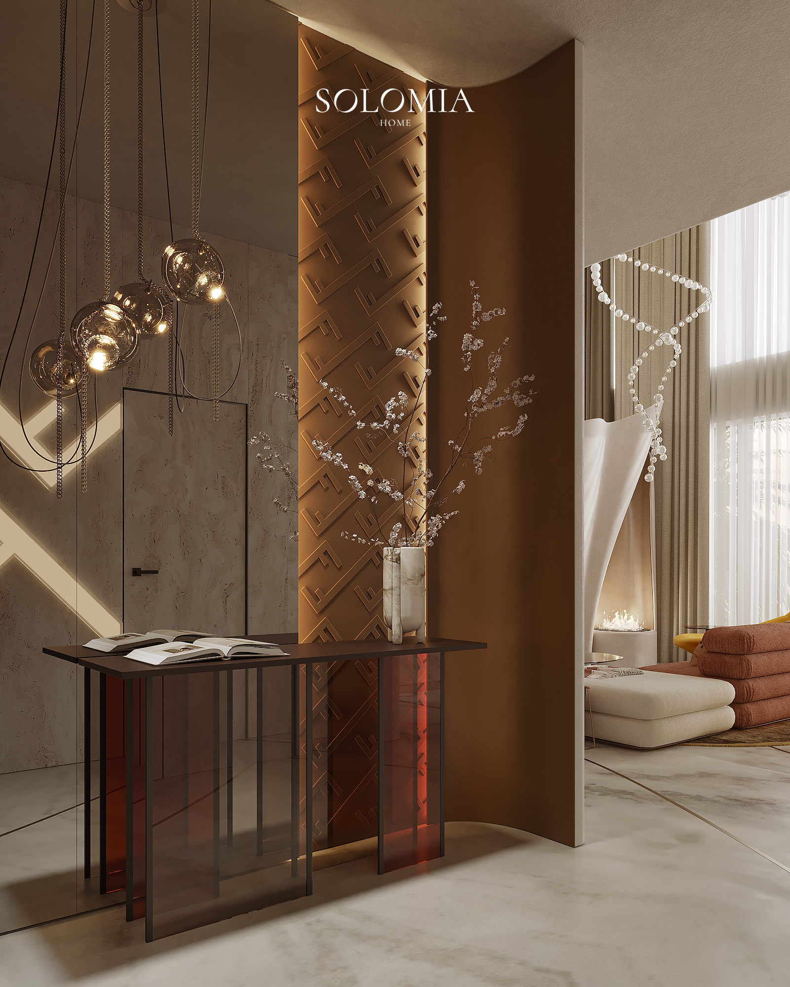 Console with leather-panelled wall, Fendi Design Villa — luxury interior design Vietnam