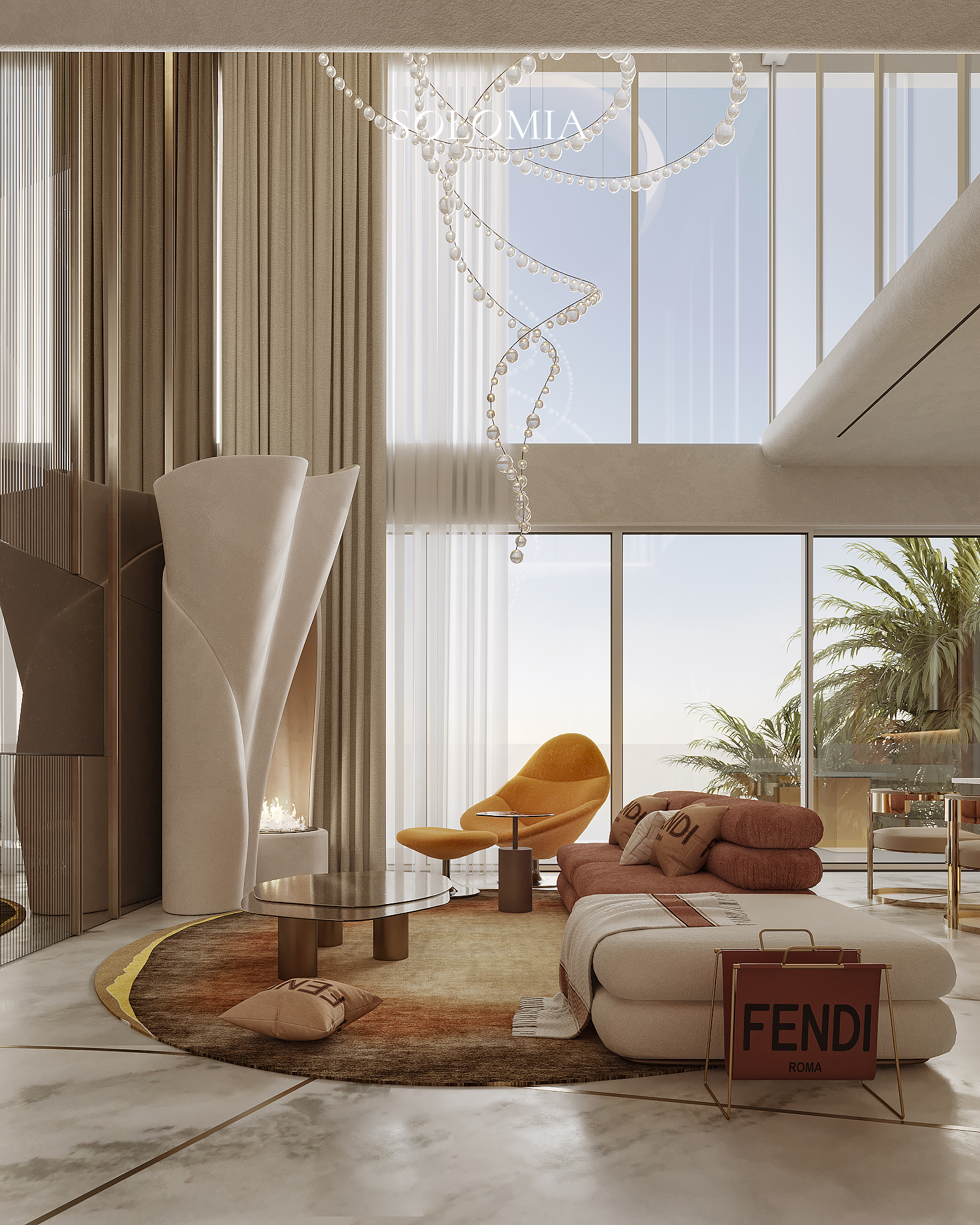 Living room with yellow chair and Fendi accents, Fendi Design Villa — luxury interior design Vietnam