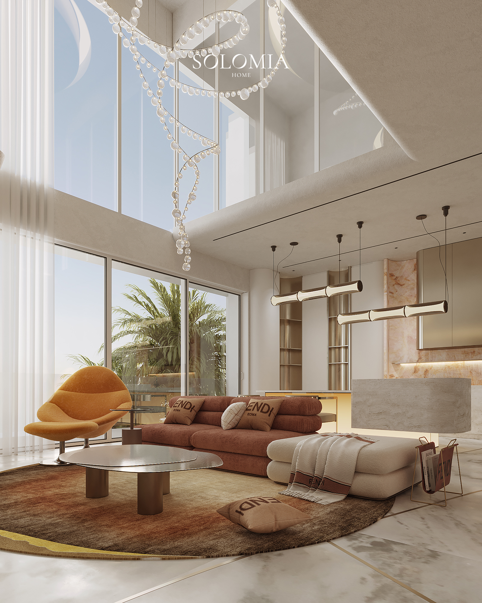 Living room with orange armchair — luxury interior design Dubai