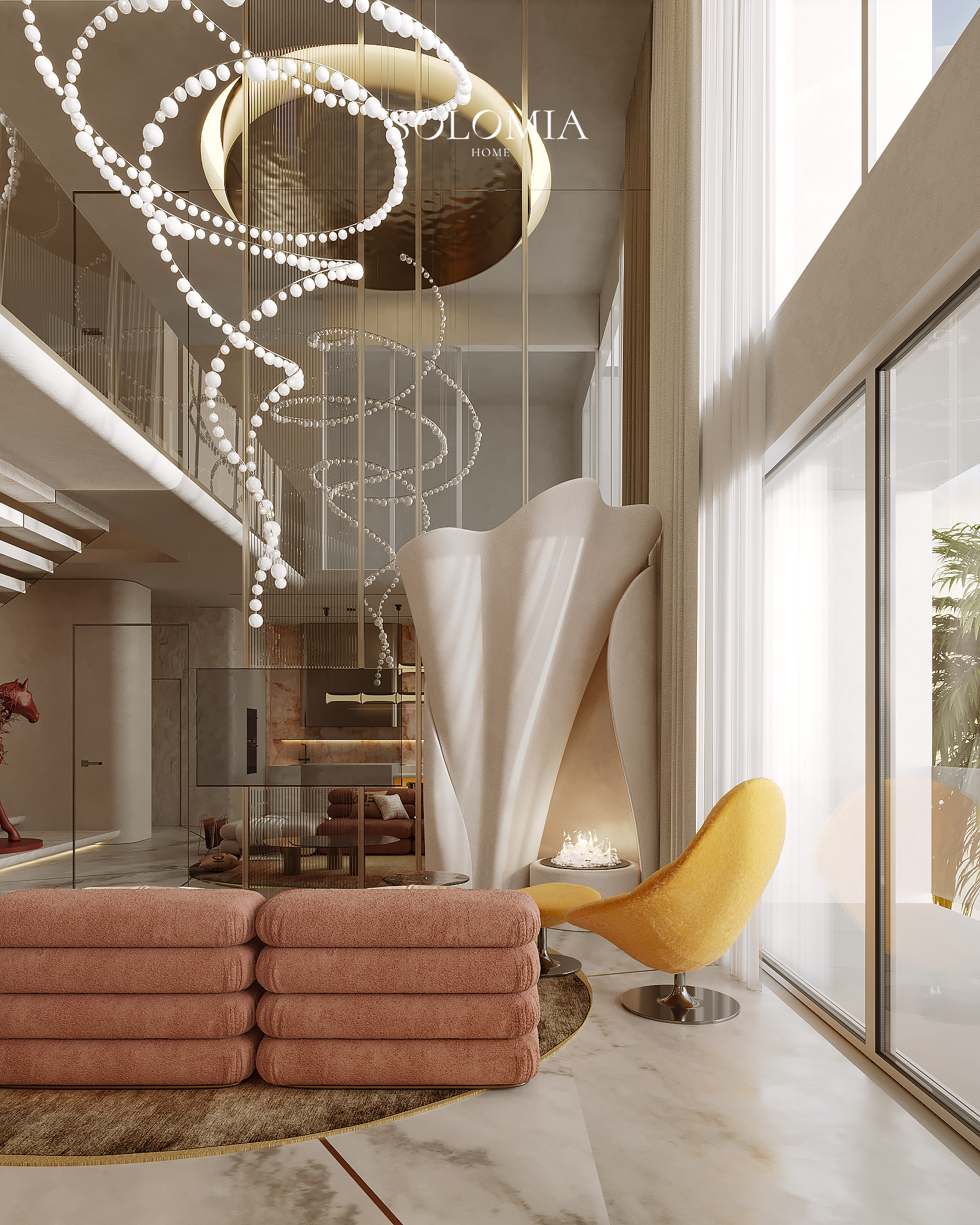 Double-height living room with sculptural partition, Fendi Design Villa — luxury interior design Vietnam