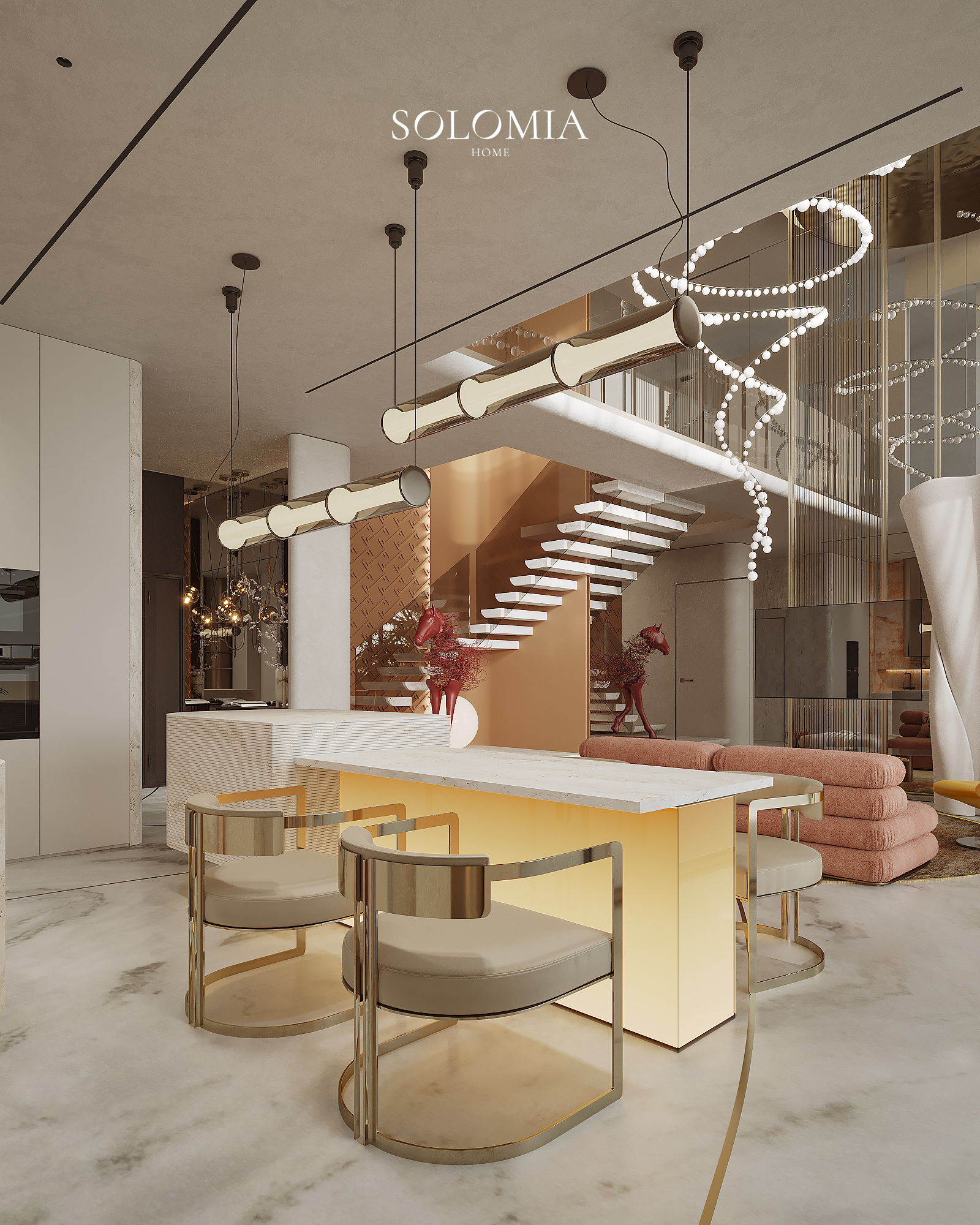 Kitchen with gold bar stools and floating staircase, Fendi Design Villa — luxury interior design Vietnam