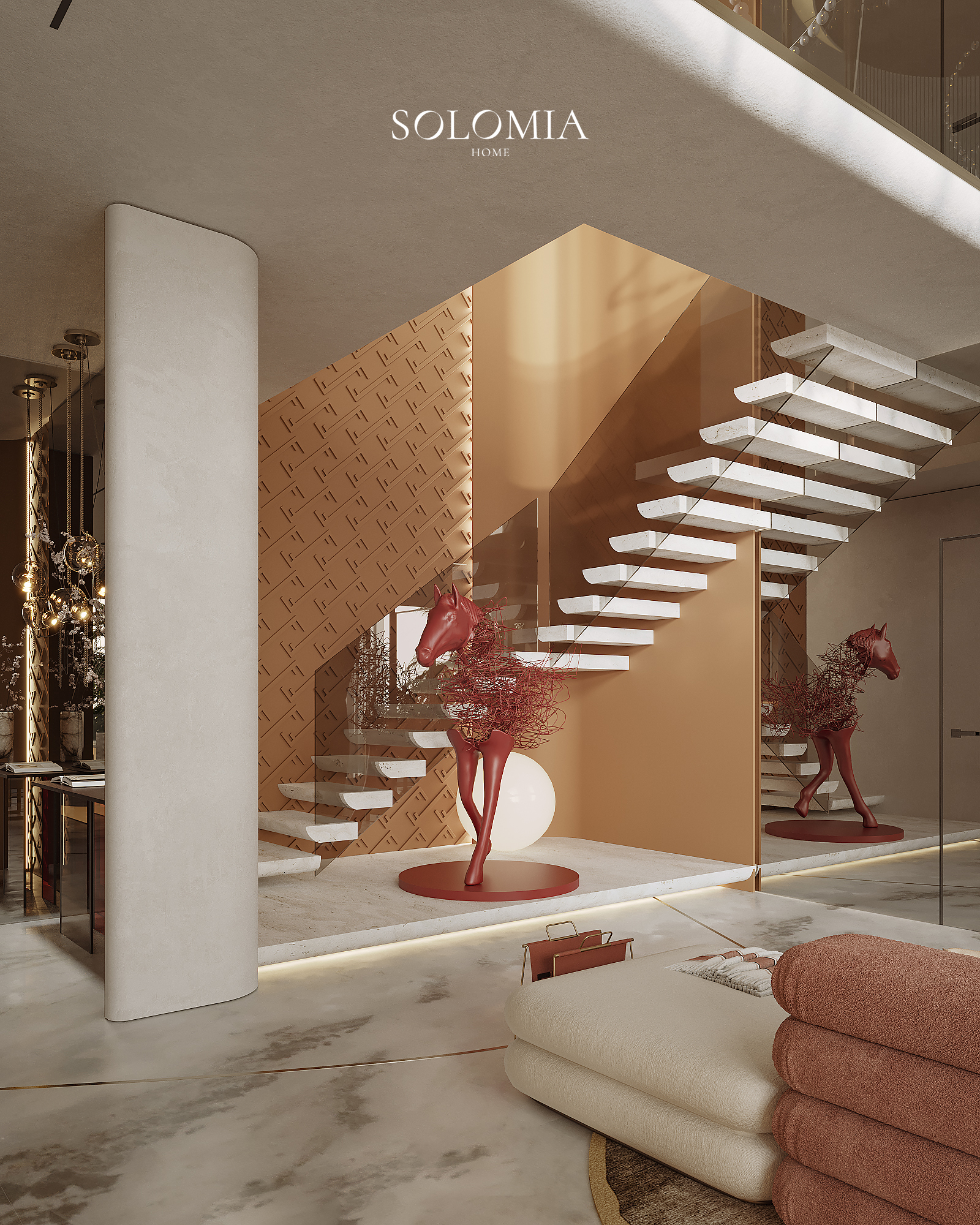 Floating staircase with red horse sculpture, Fendi Design Villa — luxury interior design Vietnam