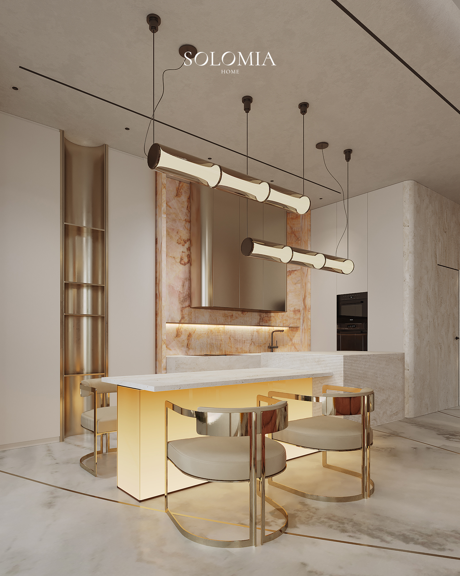 Kitchen island with onyx panel, Fendi Design Villa — luxury interior design Vietnam