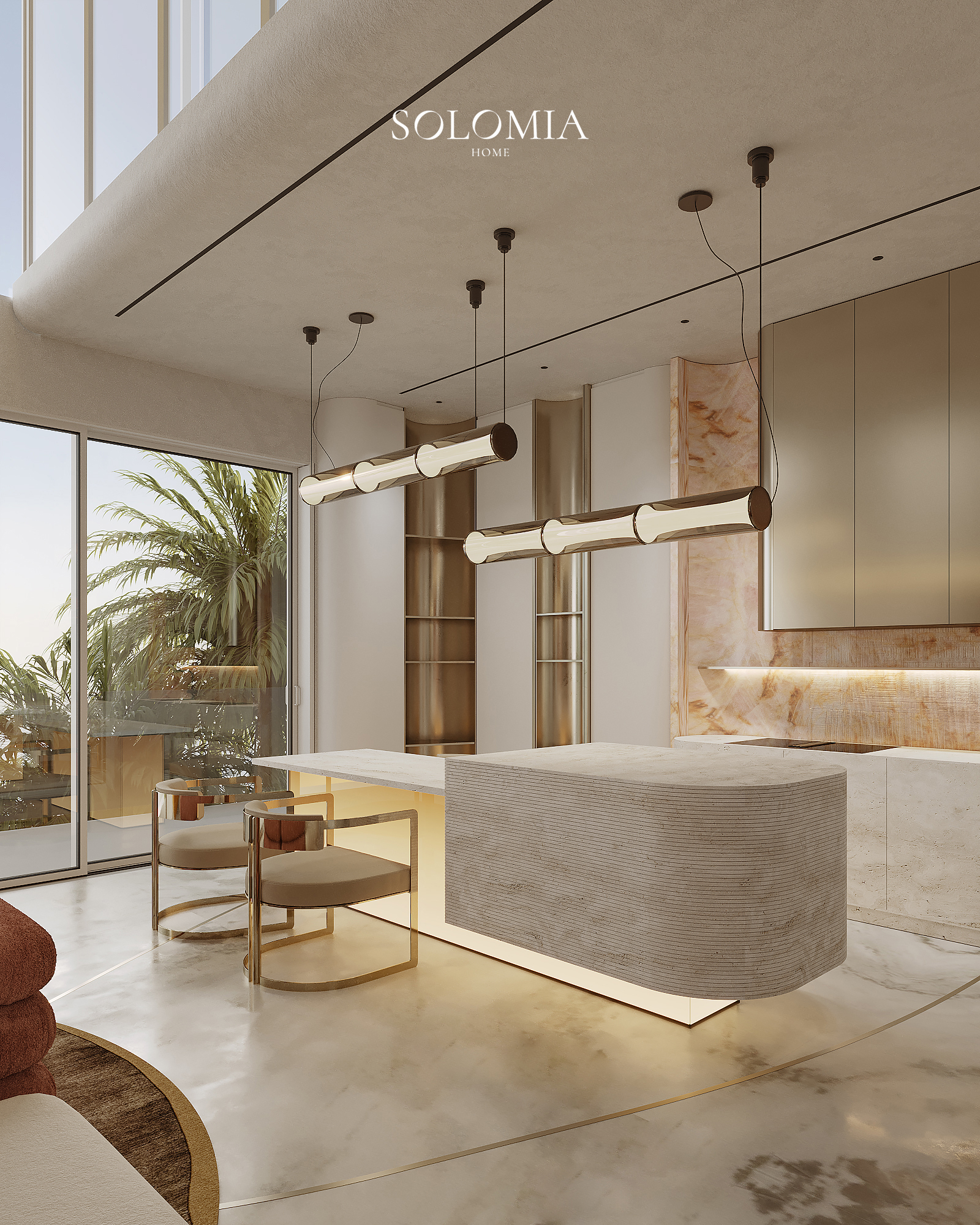 Kitchen island with palm view, Fendi Design Villa — luxury interior design Vietnam
