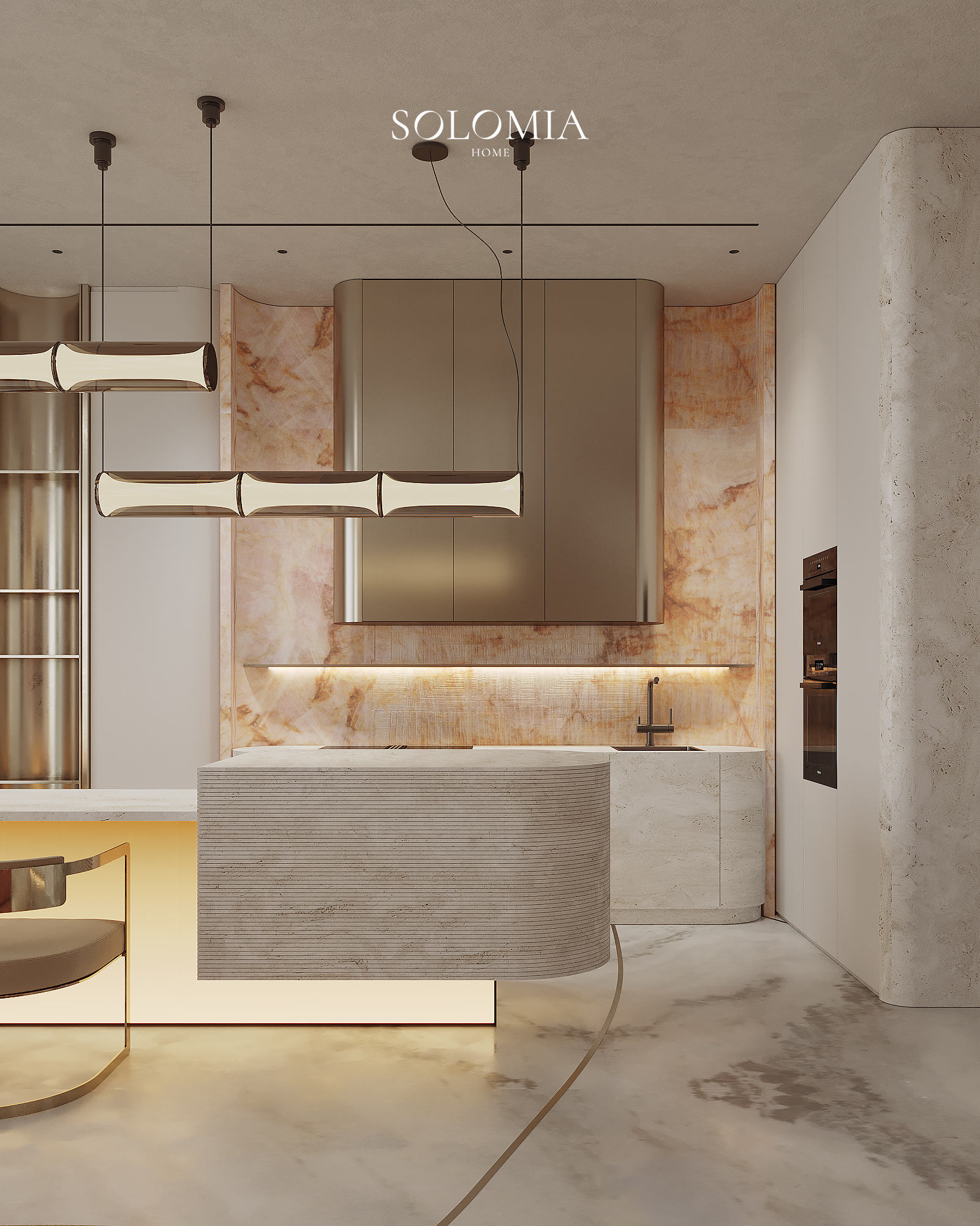 Kitchen with onyx backsplash, Fendi Design Villa — luxury interior design Vietnam