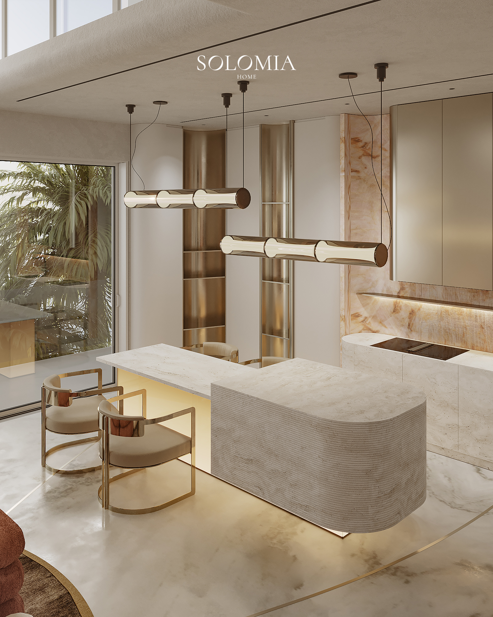 Kitchen island with bar chairs, Fendi Design Villa — luxury interior design Vietnam