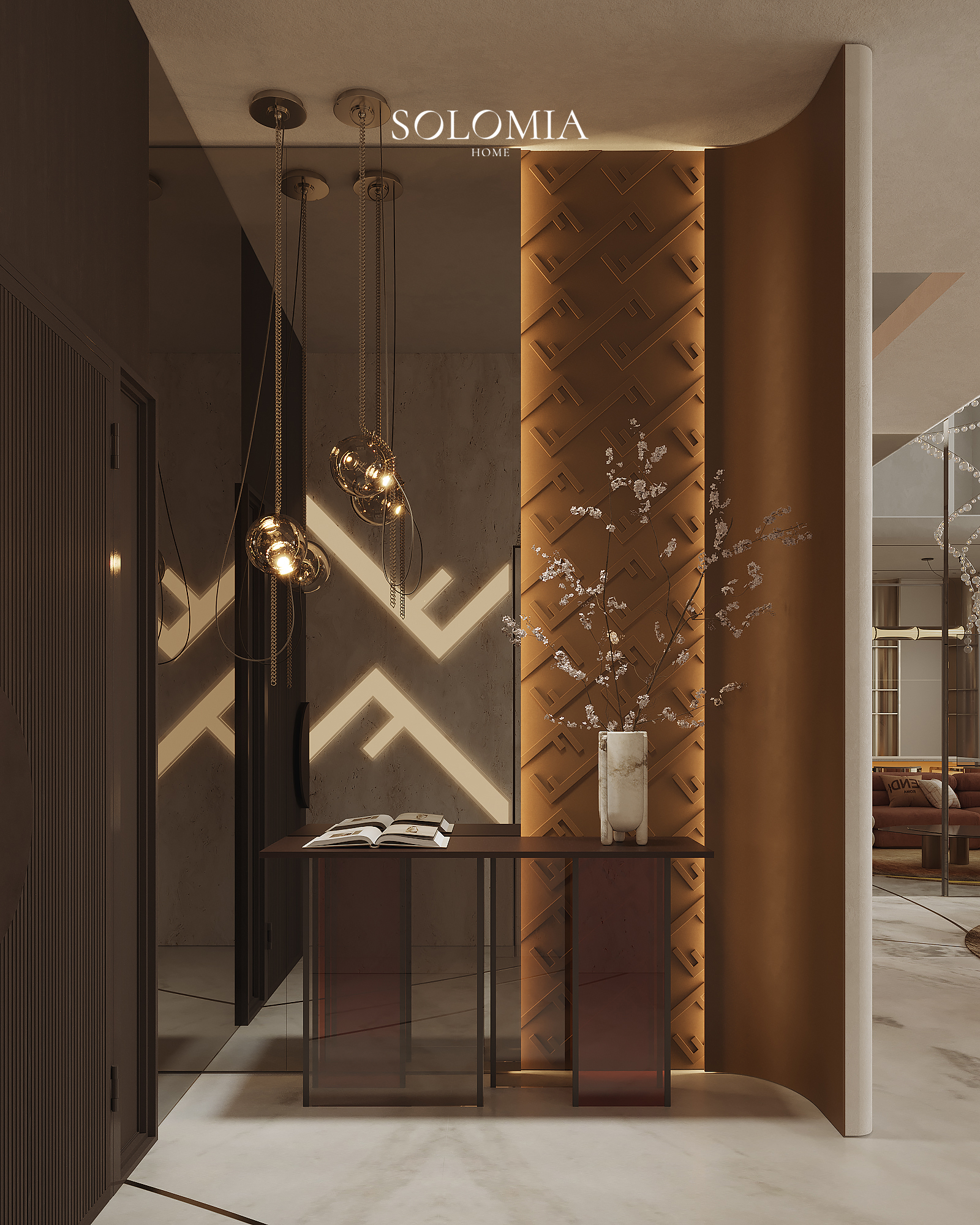 Entrance with leather-panelled wall, Fendi Design Villa — luxury interior design Vietnam