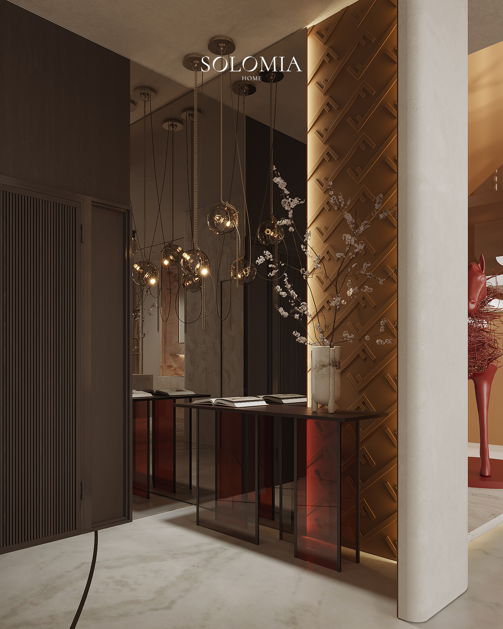 Hall with glass console and pendant lights, Fendi Design Villa — luxury interior design Vietnam