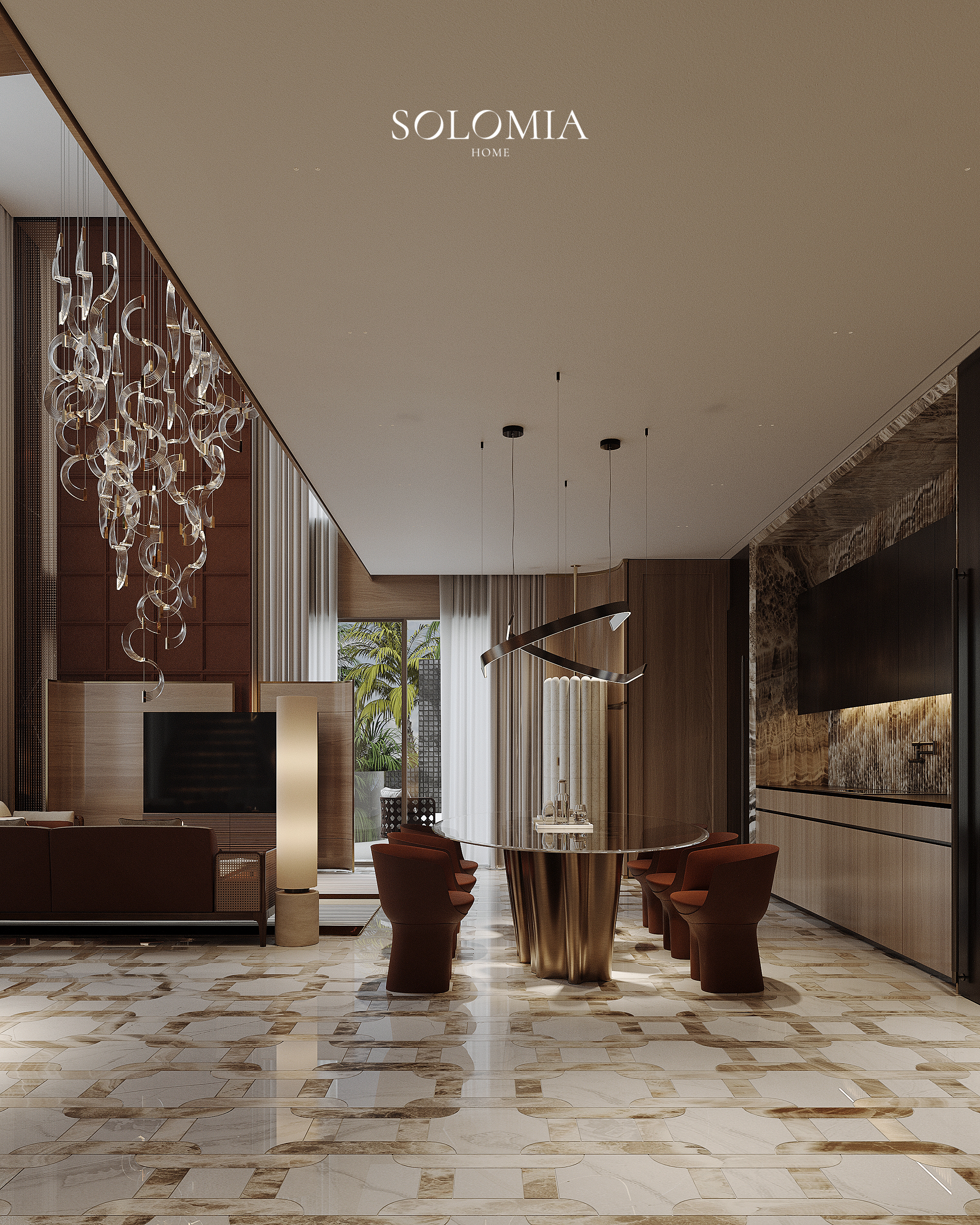Living room with glass chandelier, Hermès Design Villa — luxury interior design Dubai