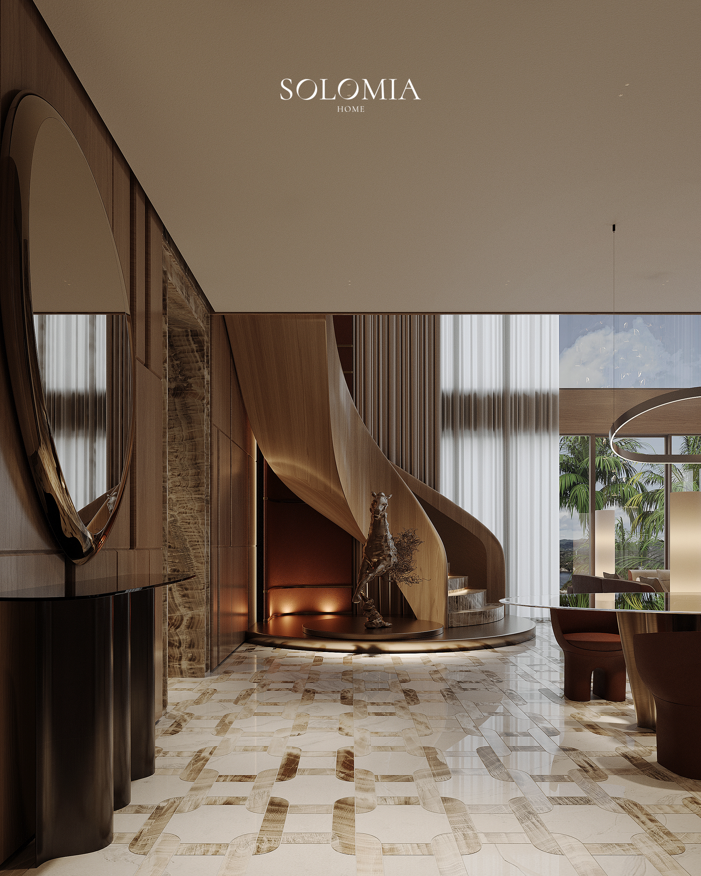 Spiral staircase with sculpture, Hermès Design Villa — luxury interior design Dubai