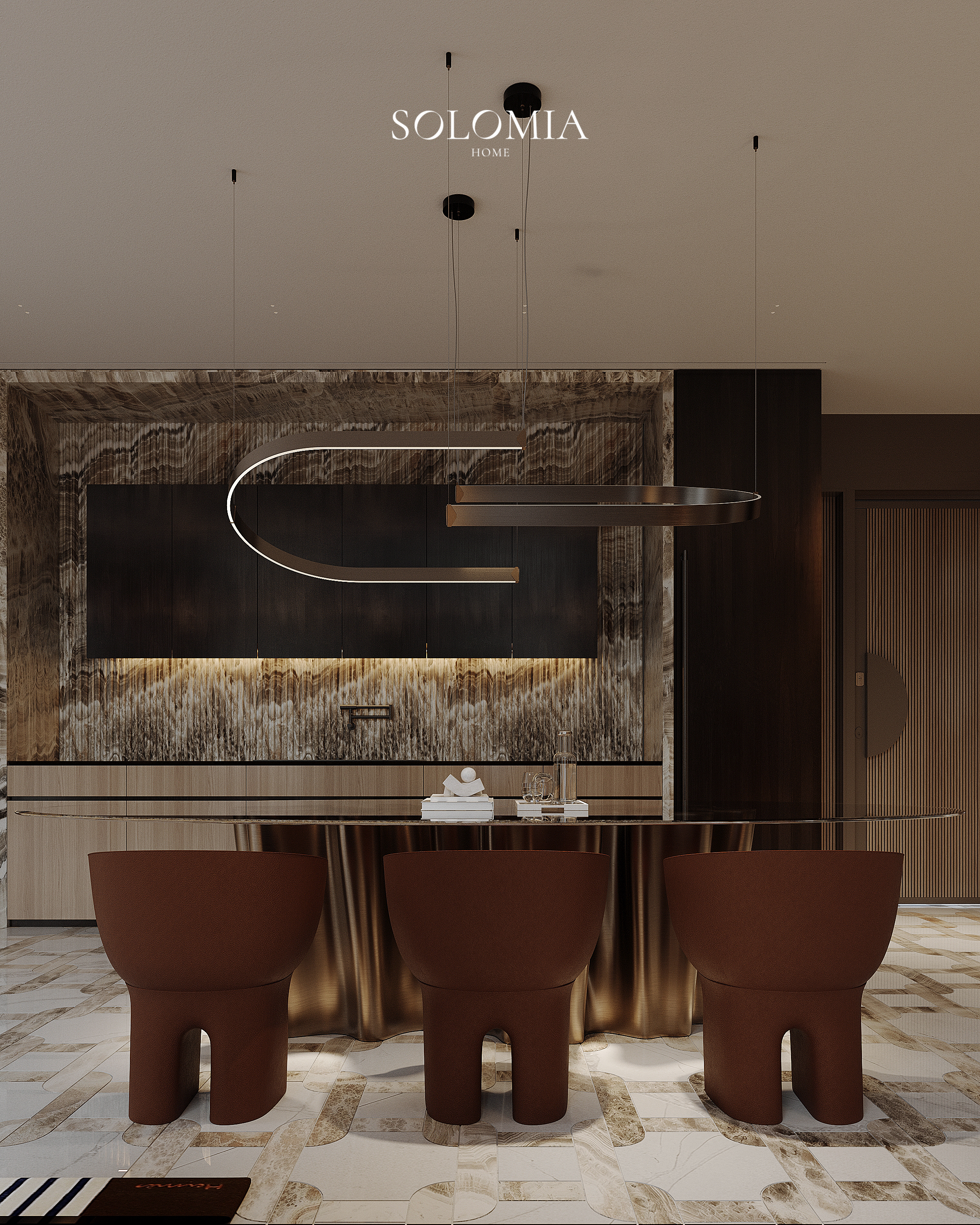 Dining table with brown leather chairs, Hermès Design Villa — luxury interior design Dubai