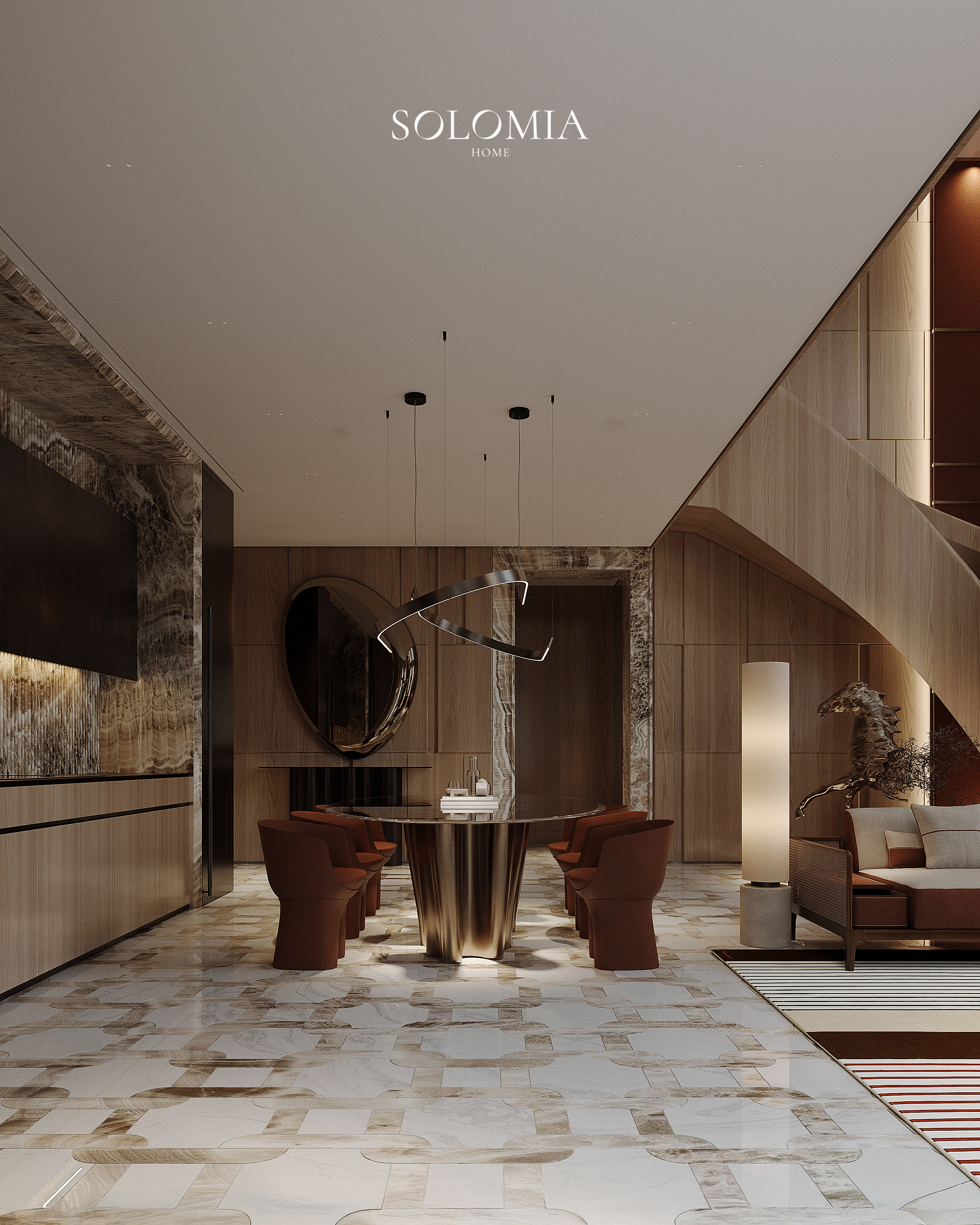 Entrance hall with sculptural dining chairs, Hermès Design Villa — luxury interior design Dubai