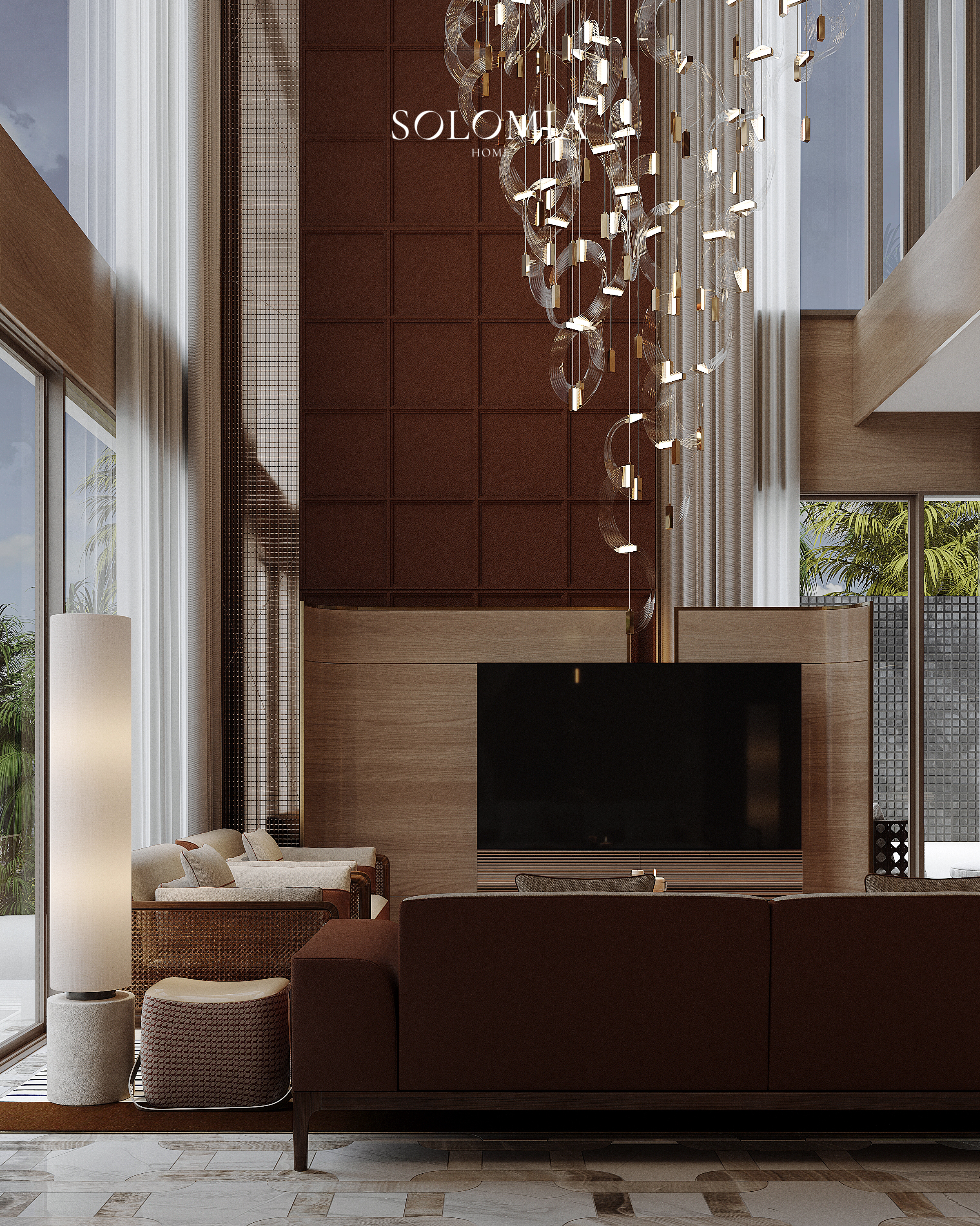 Double-height living room with leather sofa, Hermès Design Villa — luxury interior design Dubai
