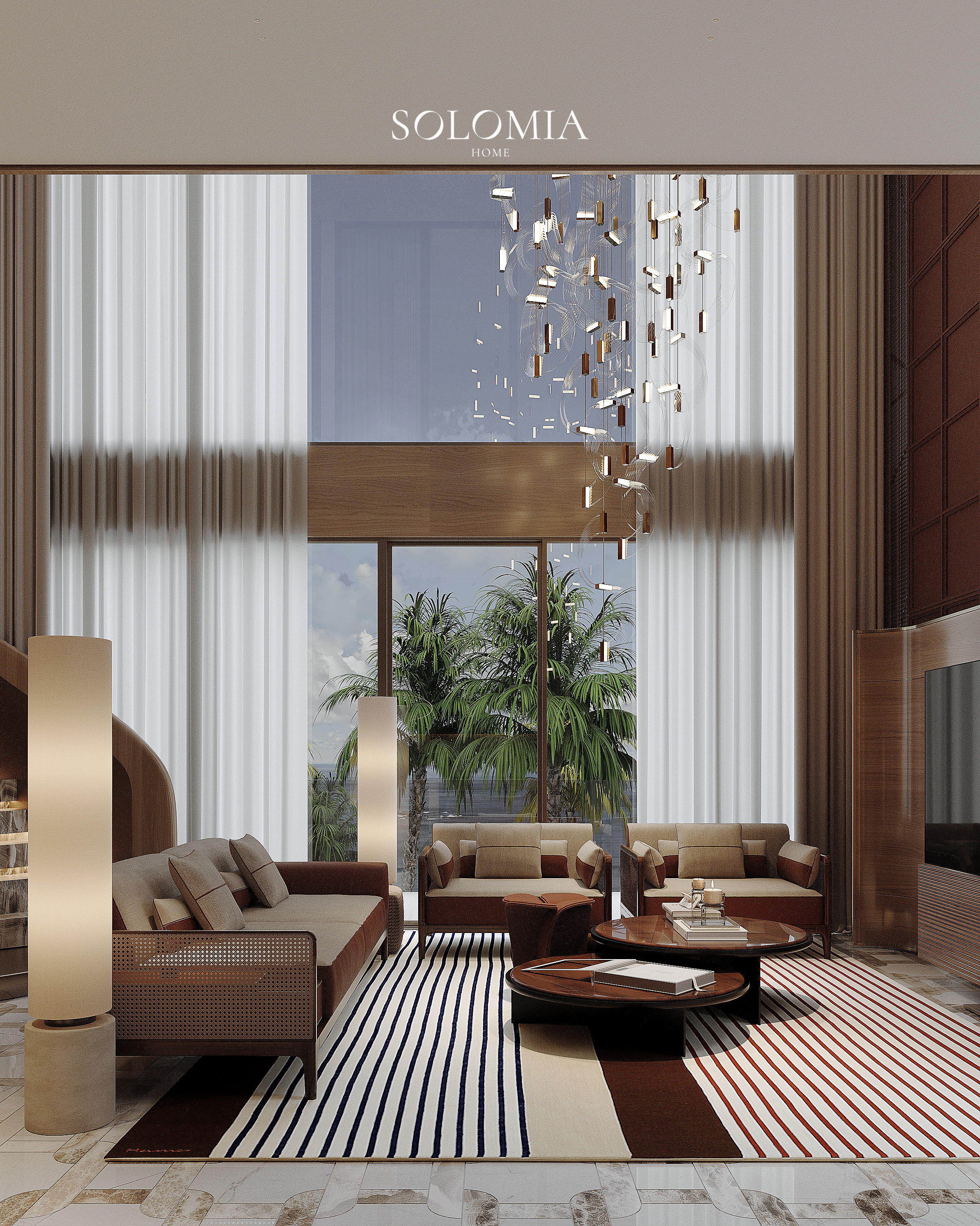 Living room with striped rug and palm view, Hermès Design Villa — luxury interior design Dubai