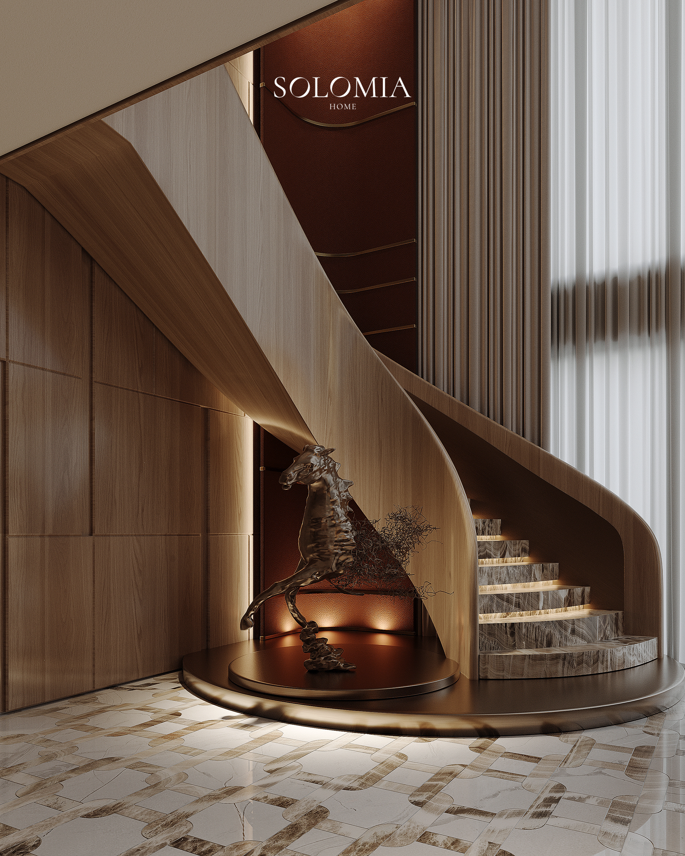 Curved staircase with horse sculpture, Hermès Design Villa — luxury interior design Dubai
