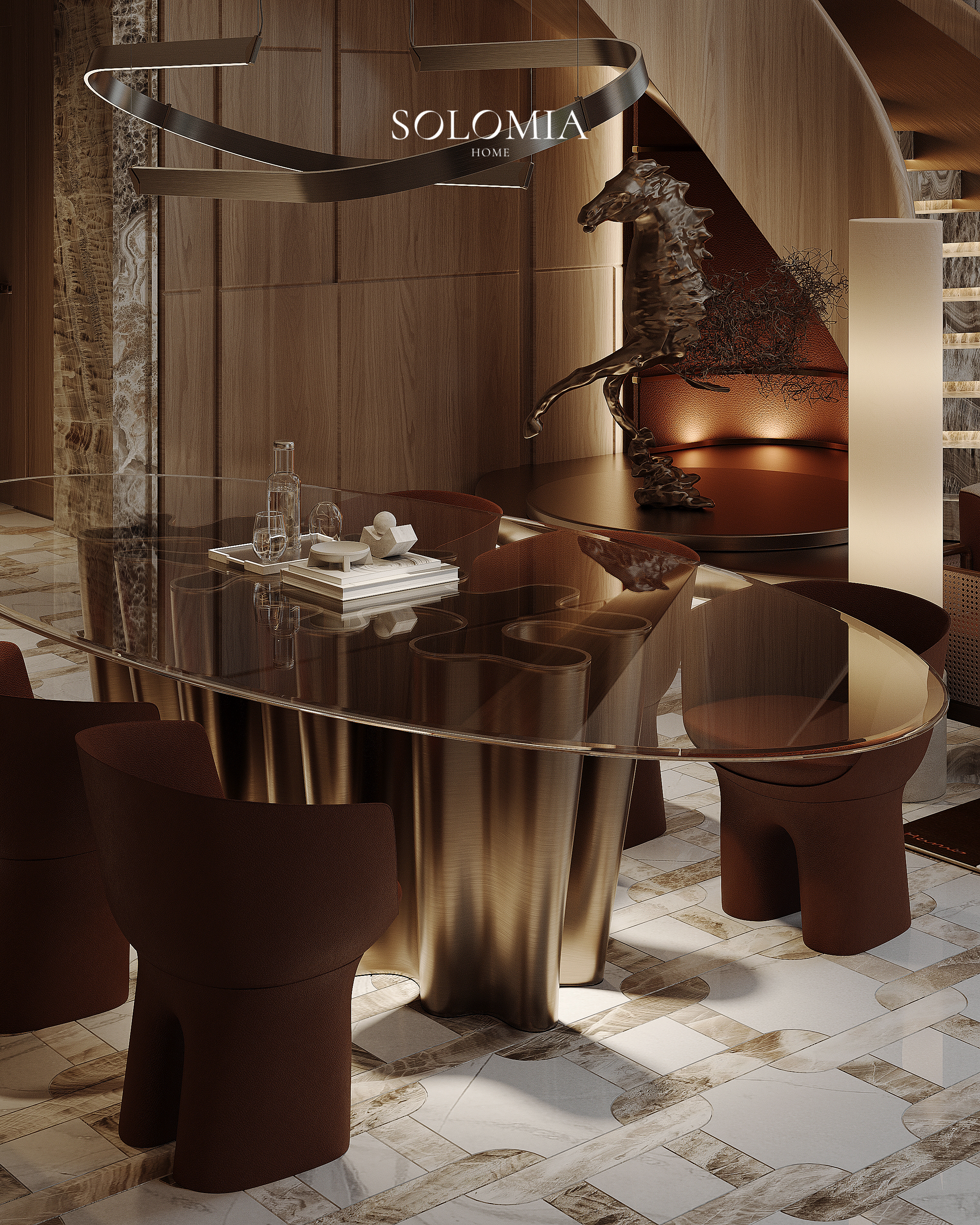 Glass dining table with bronze chairs, Hermès Design Villa — luxury interior design Dubai