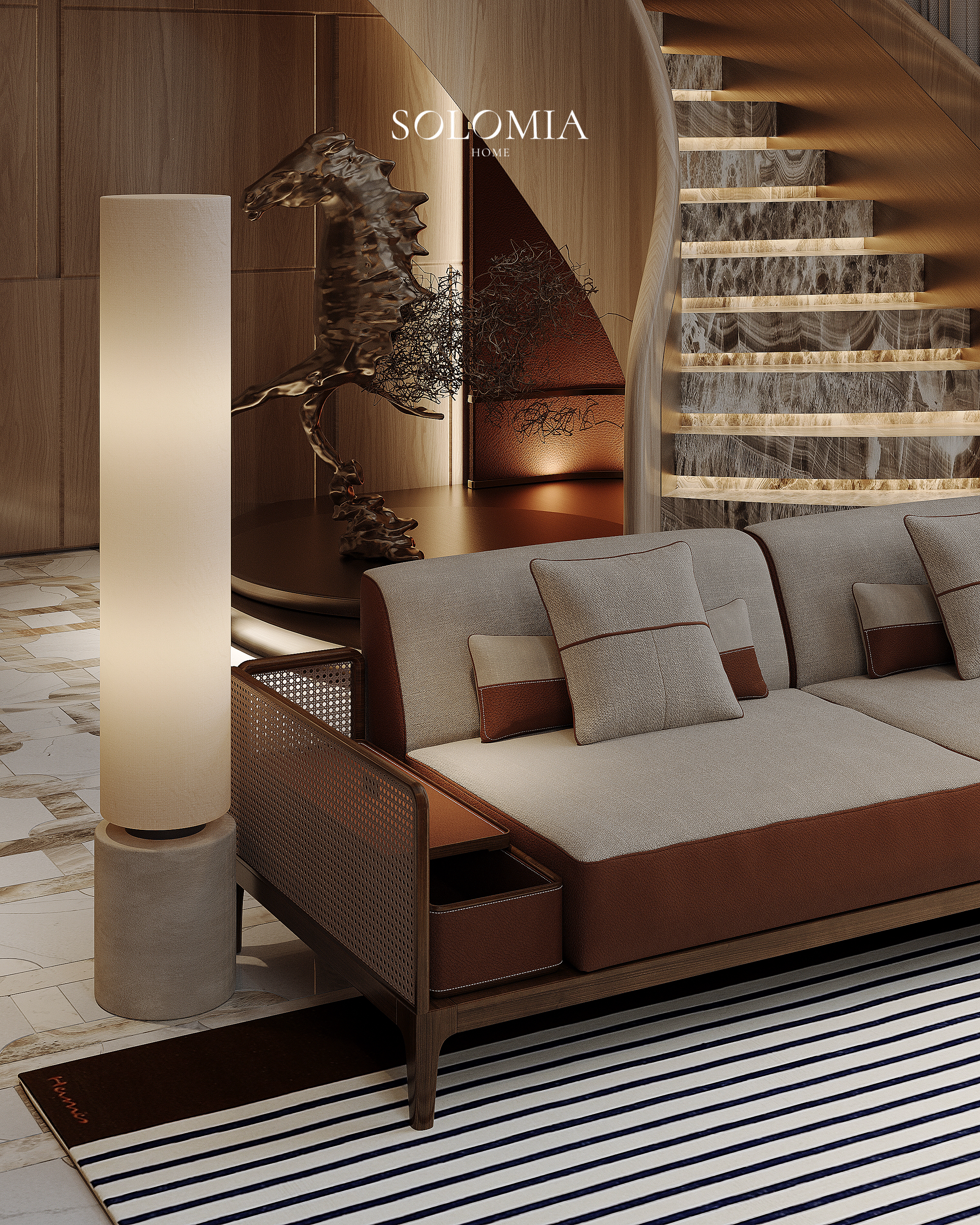 Leather sofa with cane details, Hermès Design Villa — luxury interior design Dubai