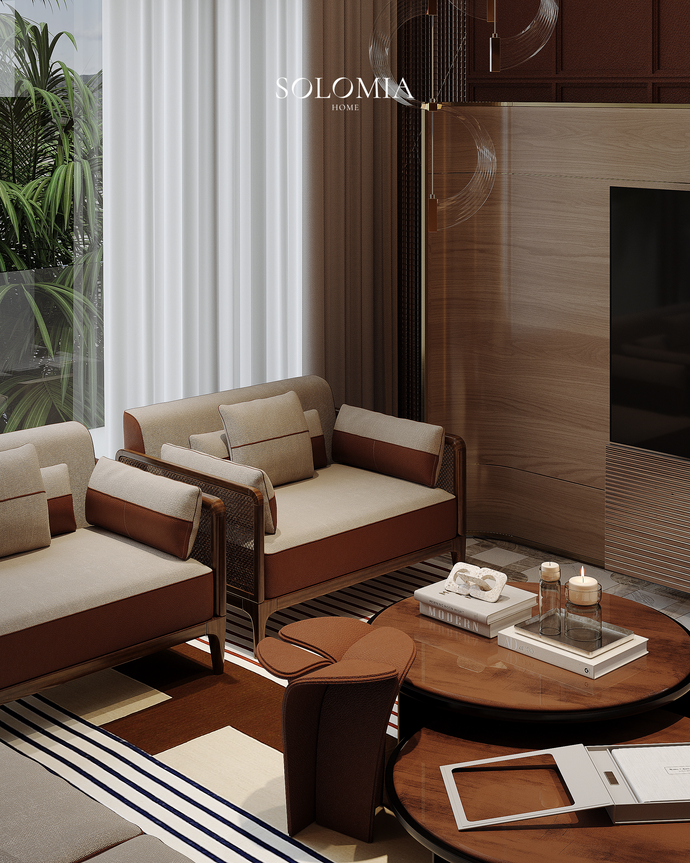 Living room with leather armchairs and round tables, Hermès Design Villa — luxury interior design Dubai