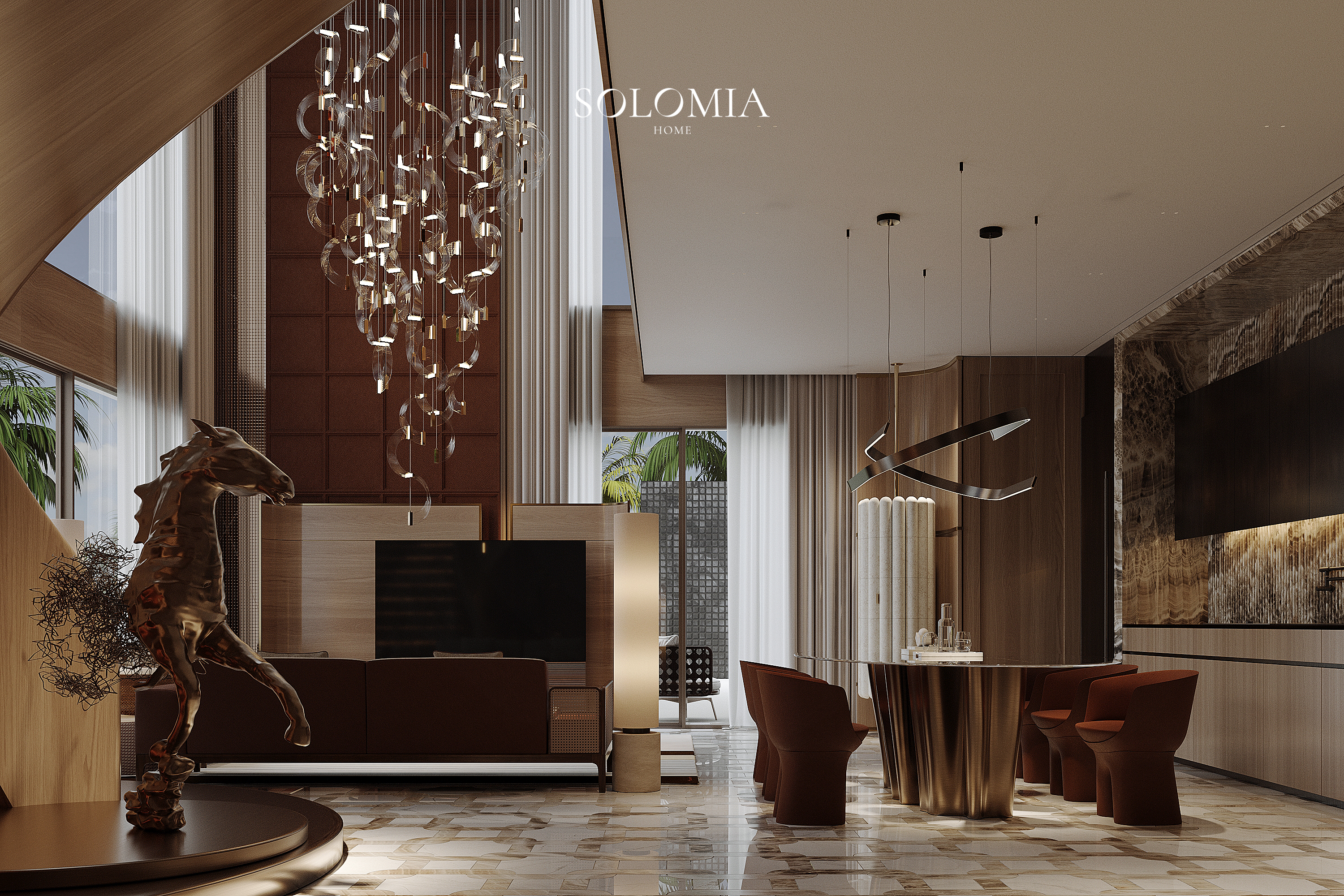 Living room with glass chandelier and horse sculpture, Hermès Design Villa — luxury interior design Dubai