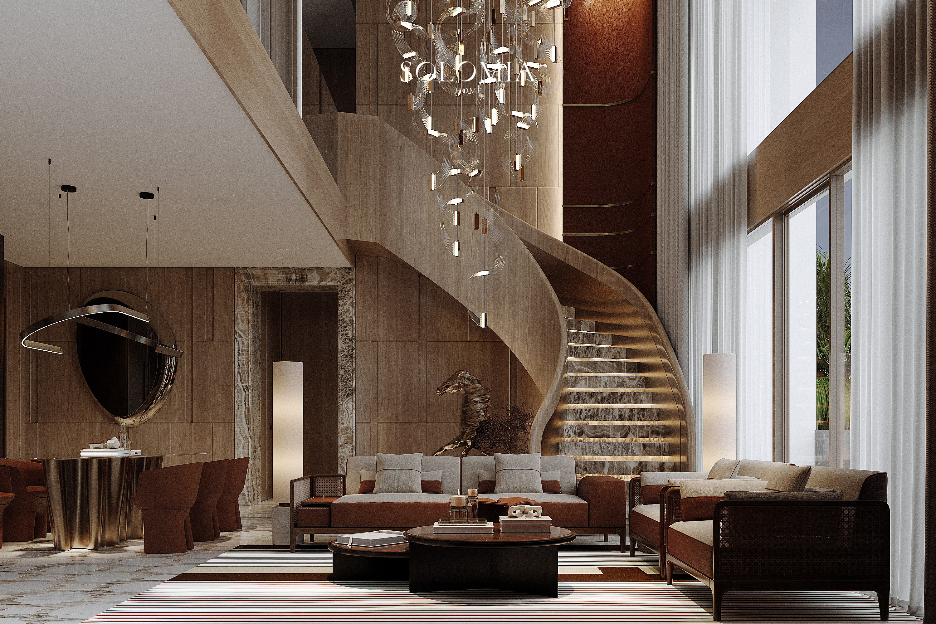 Double-height living room with spiral staircase — luxury interior design Dubai