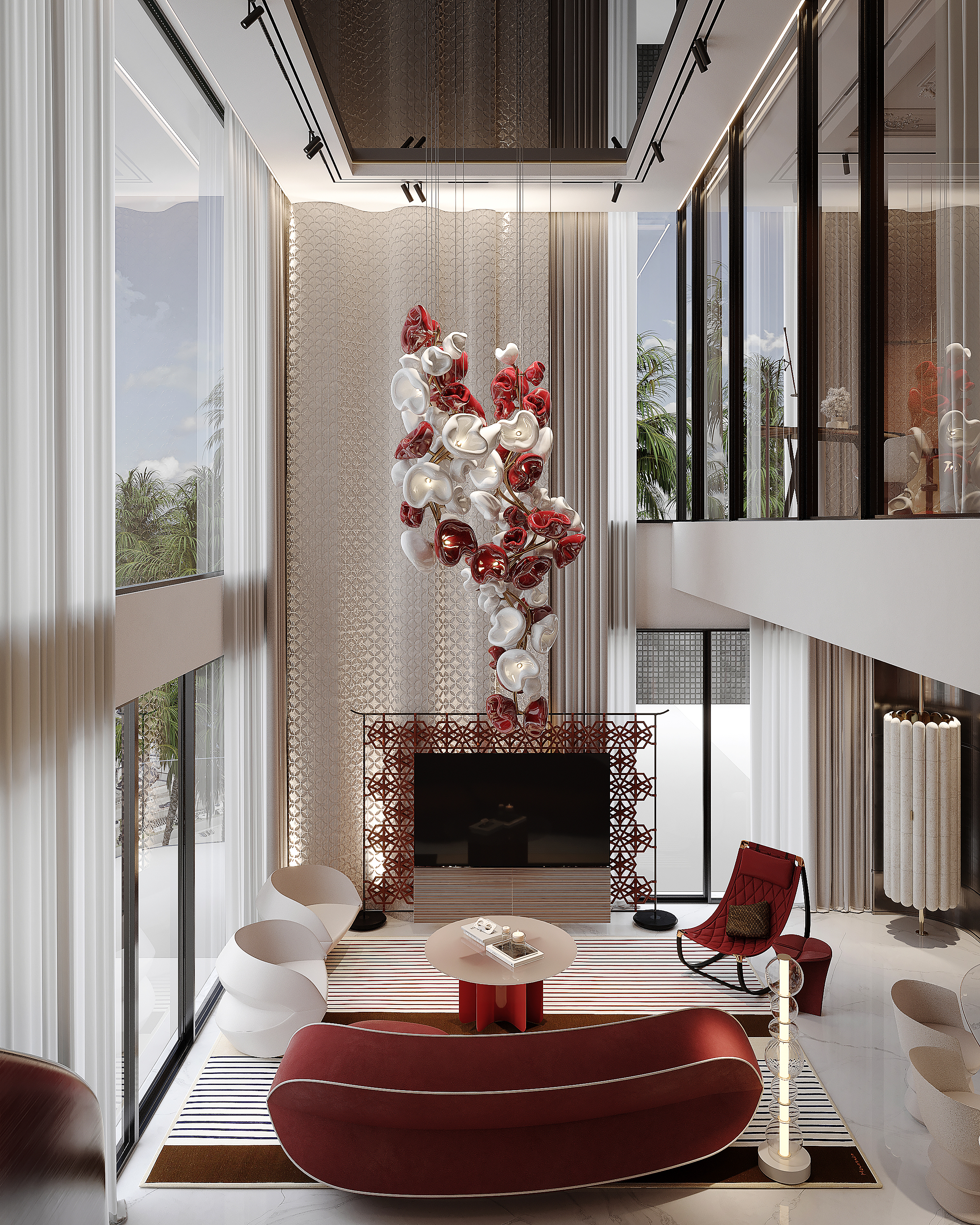 Double-height living room with fireplace — luxury interior design Dubai