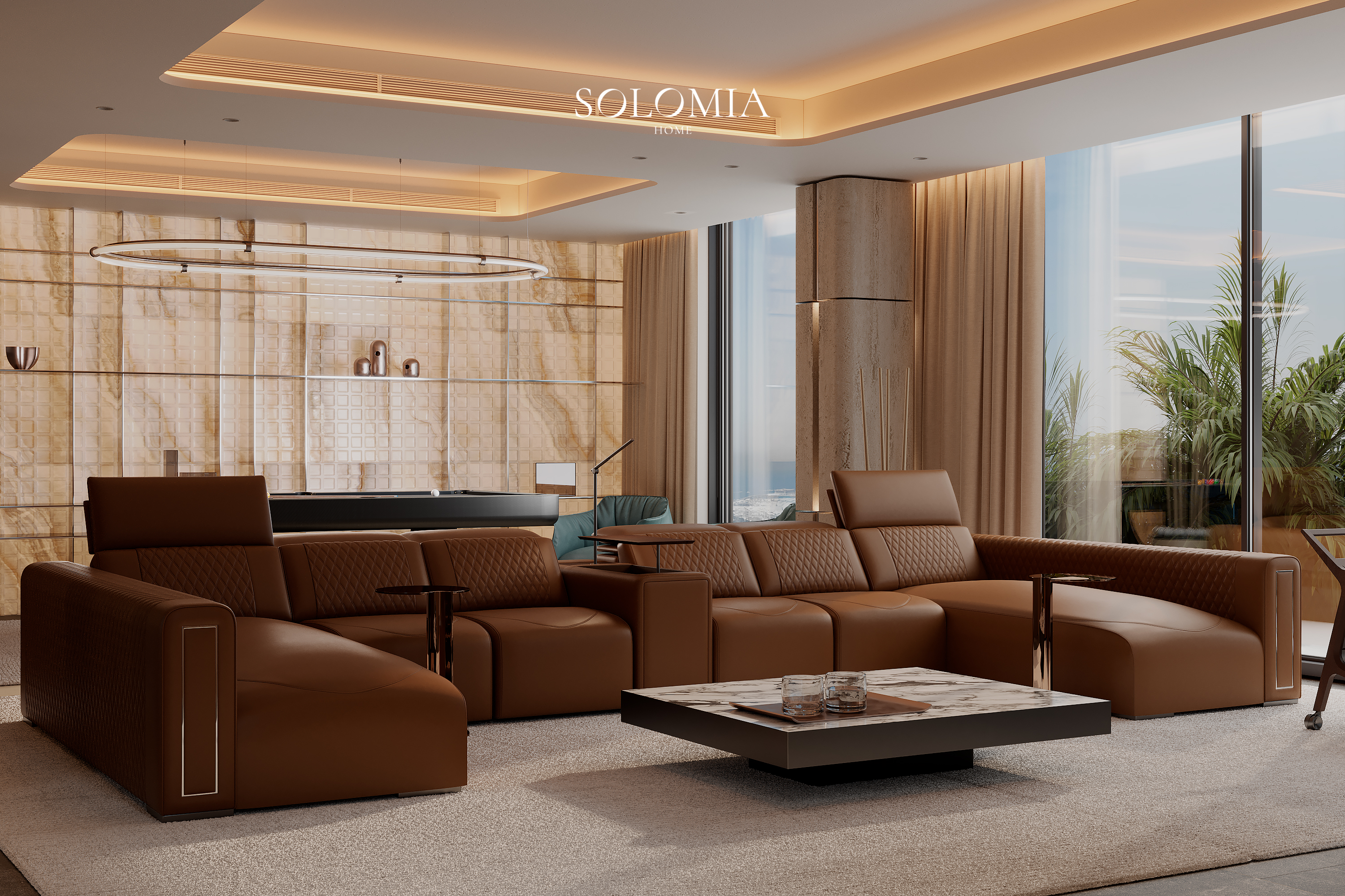 Family room with tan leather sofa and onyx wall, Marsa Al Arab Villa — luxury interior design Dubai