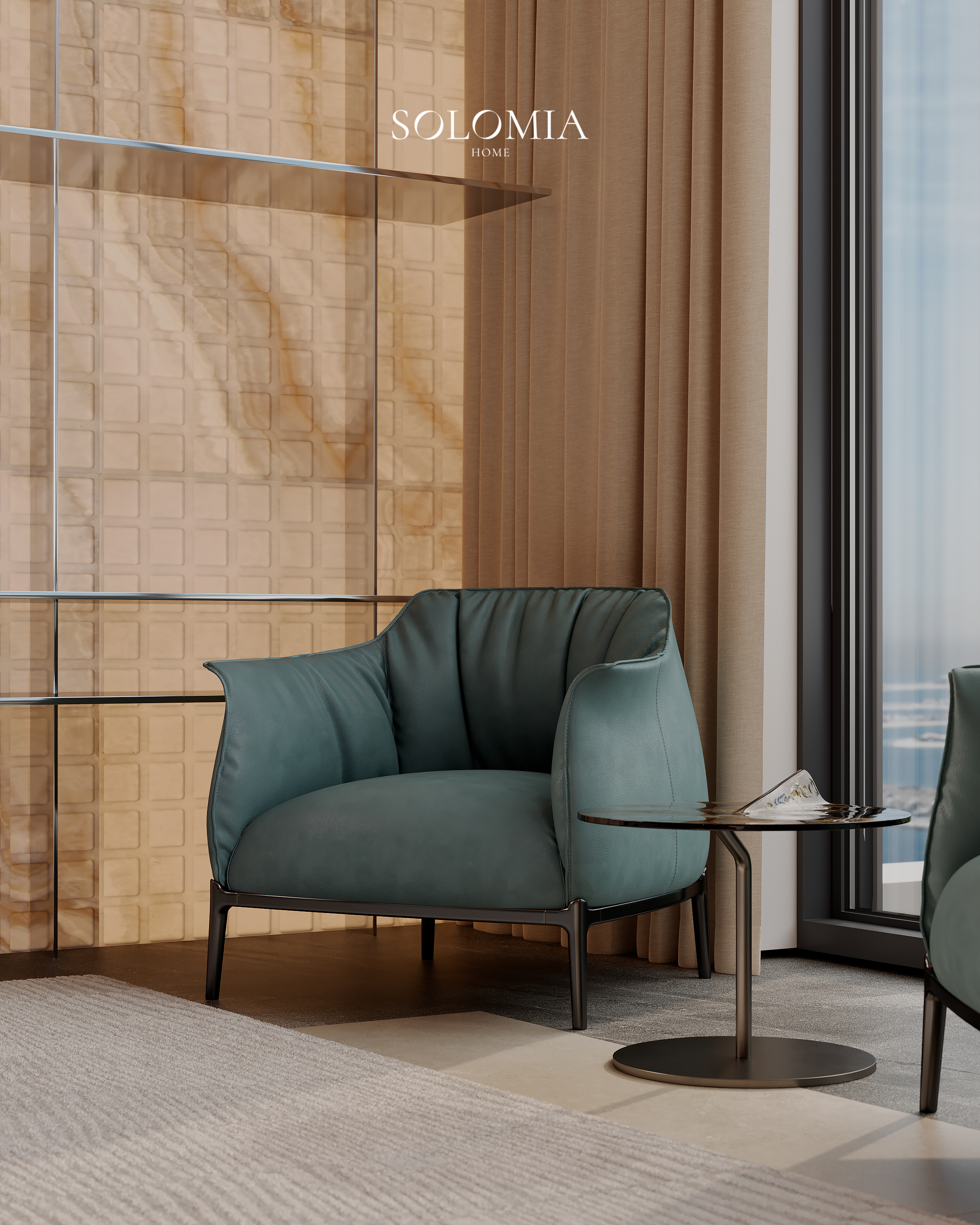Teal armchair by the onyx wall, Marsa Al Arab Villa — luxury interior design Dubai