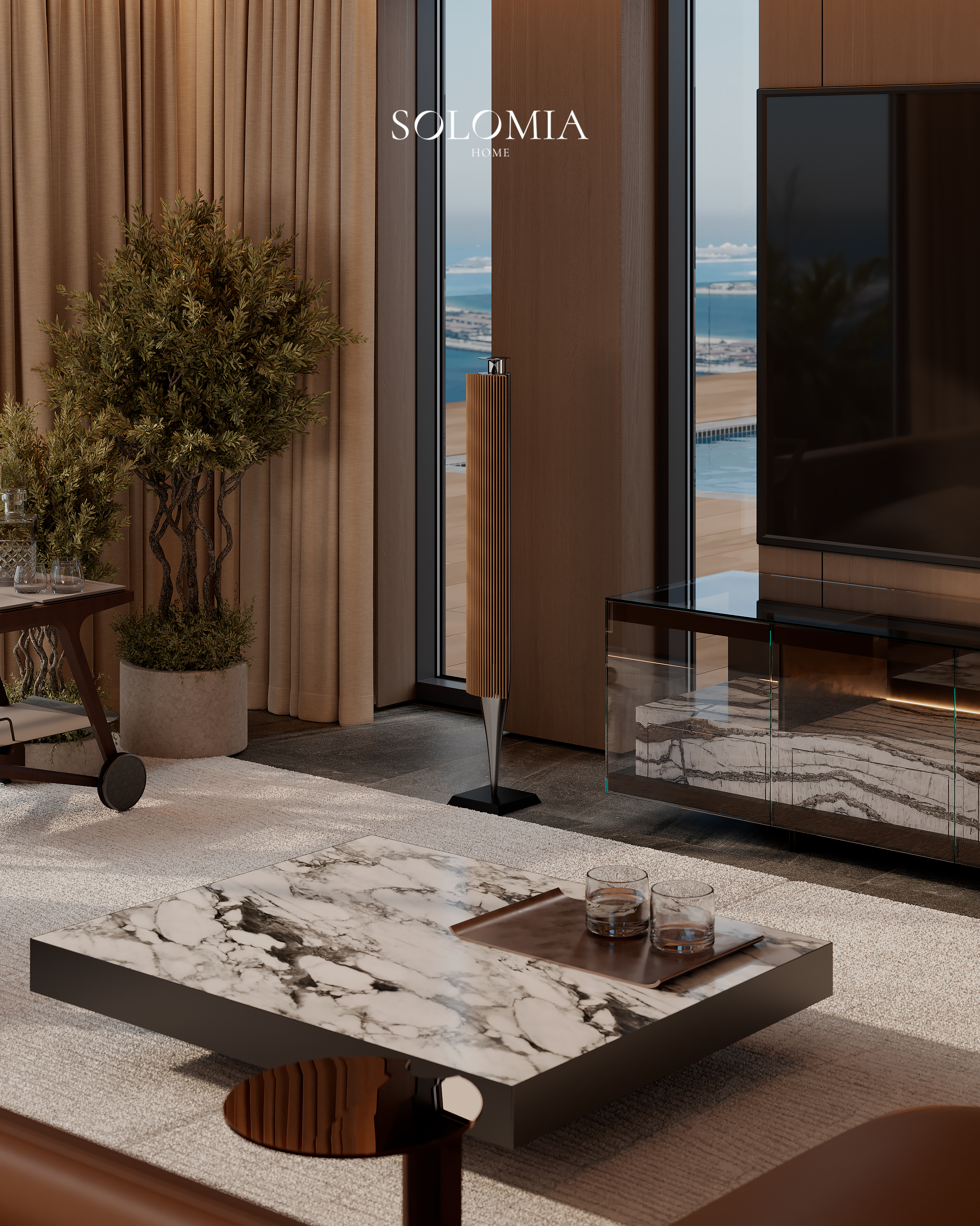 Family room with marble table and sea view, Marsa Al Arab Villa — luxury interior design Dubai