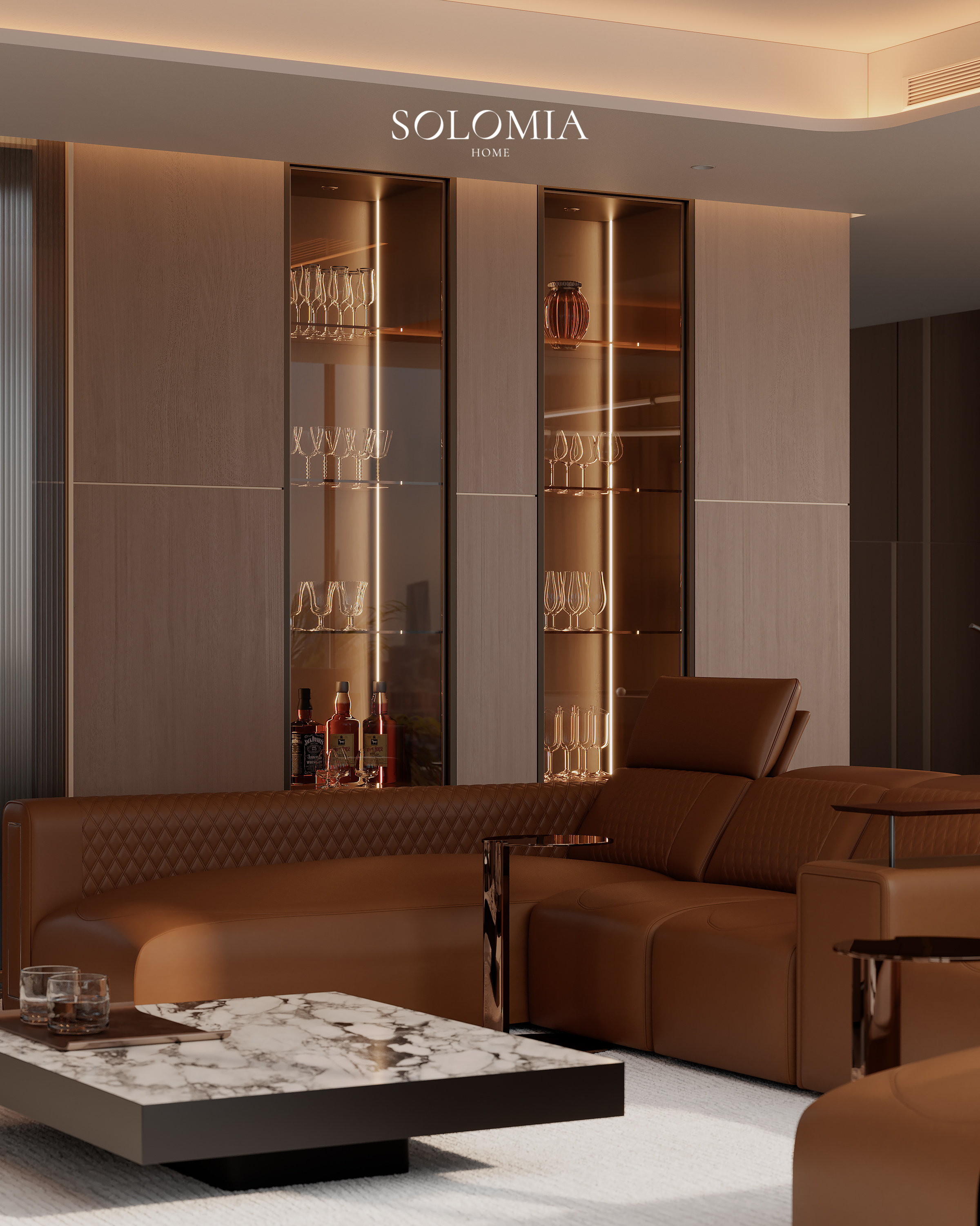 Leather sofa with bar cabinet, Marsa Al Arab Villa — luxury interior design Dubai