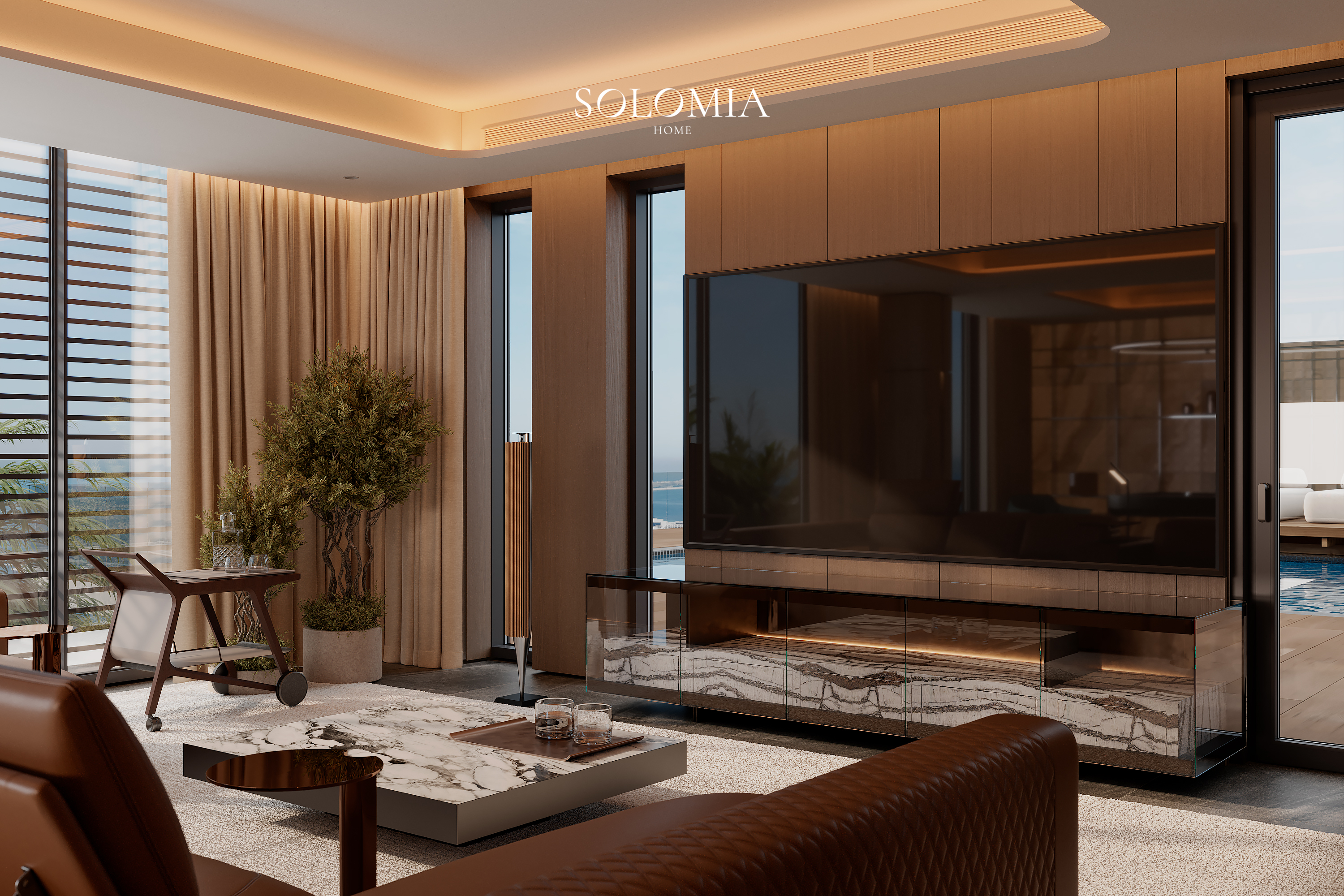 Family living room with TV wall, Marsa Al Arab Villa — luxury interior design Dubai