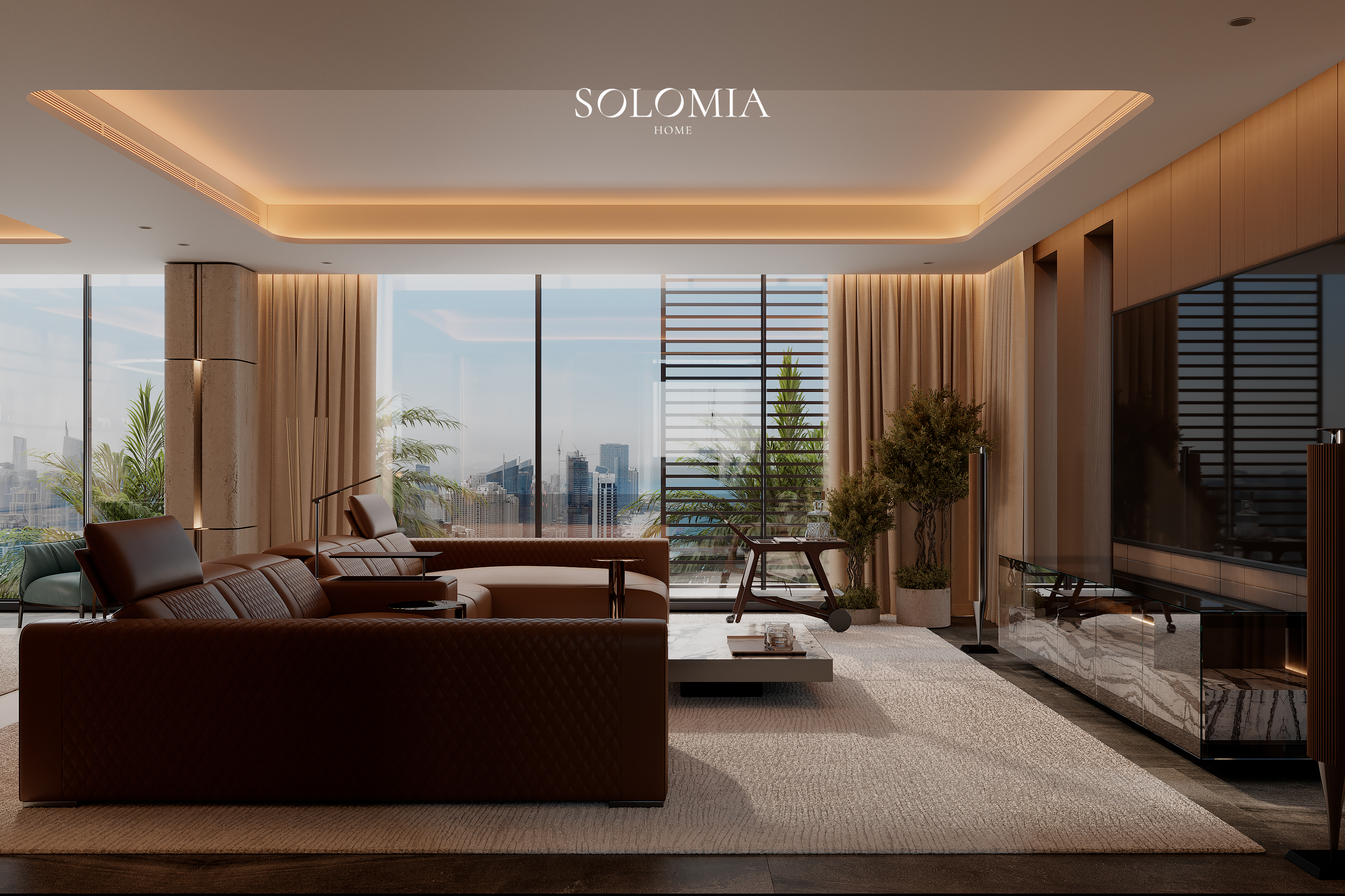 Family room with leather sofa and sea view, Marsa Al Arab Villa — luxury interior design Dubai
