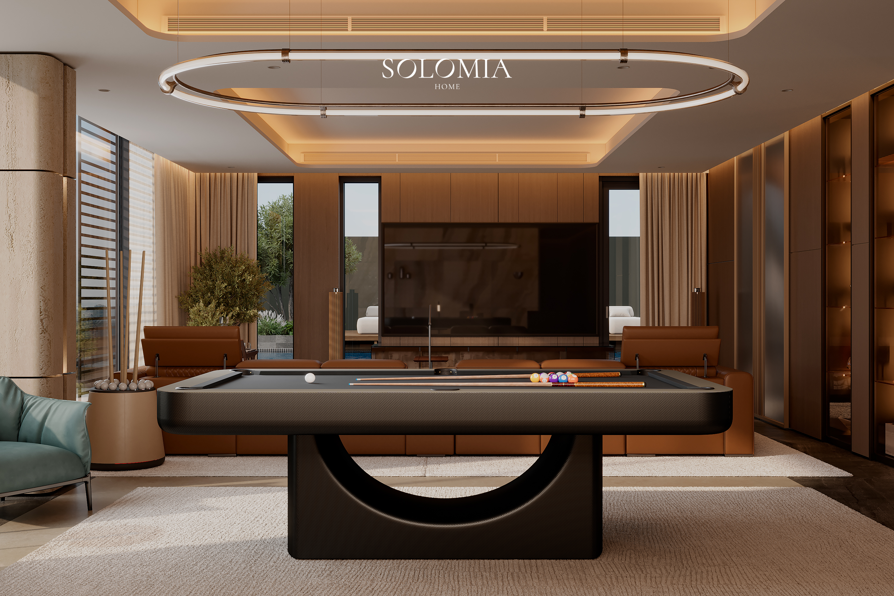 Billiard room with TV wall, Marsa Al Arab Villa — luxury interior design Dubai