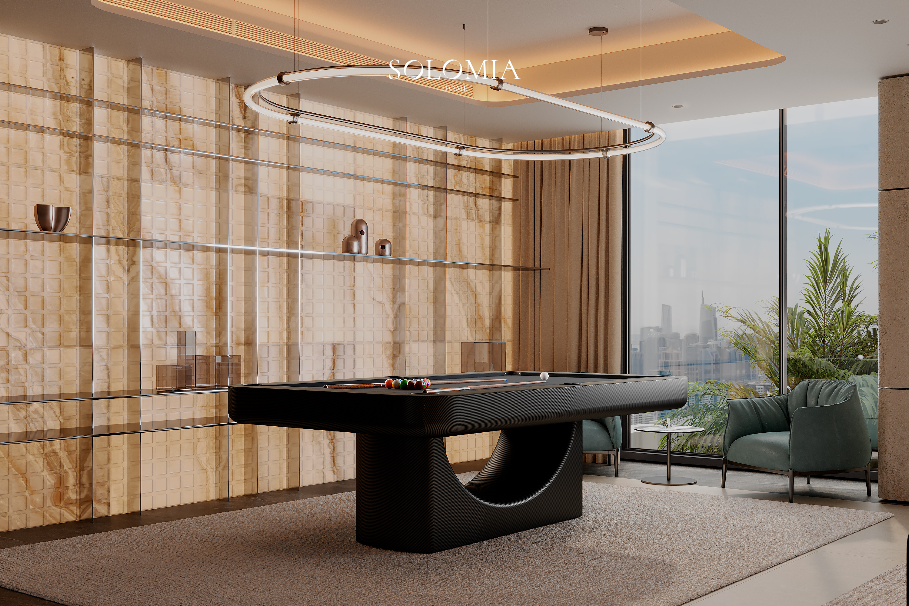 Billiard table under a ring light, Marsa Al Arab Villa — luxury interior design Dubai
