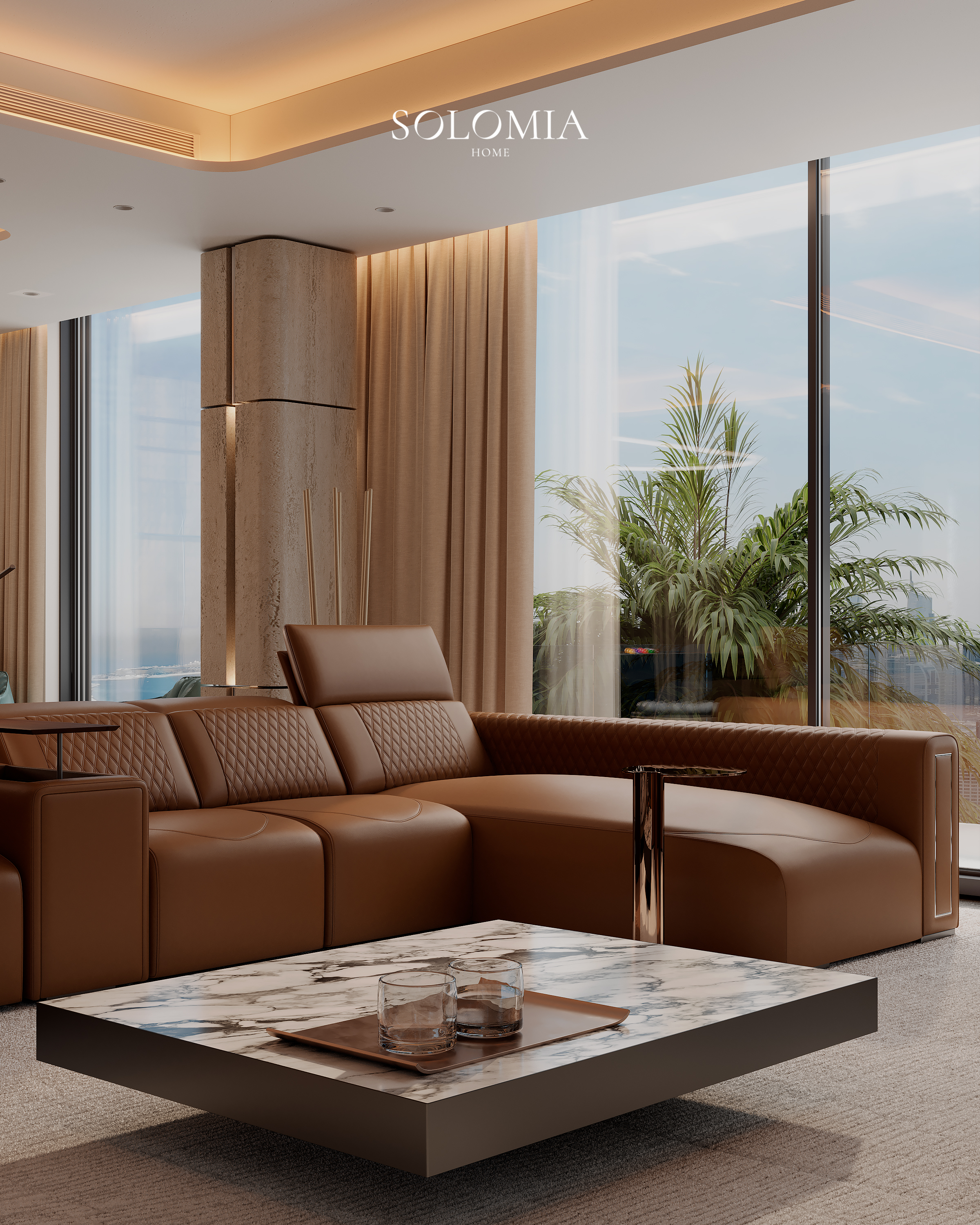Leather sofa with marble coffee table, Marsa Al Arab Villa — luxury interior design Dubai