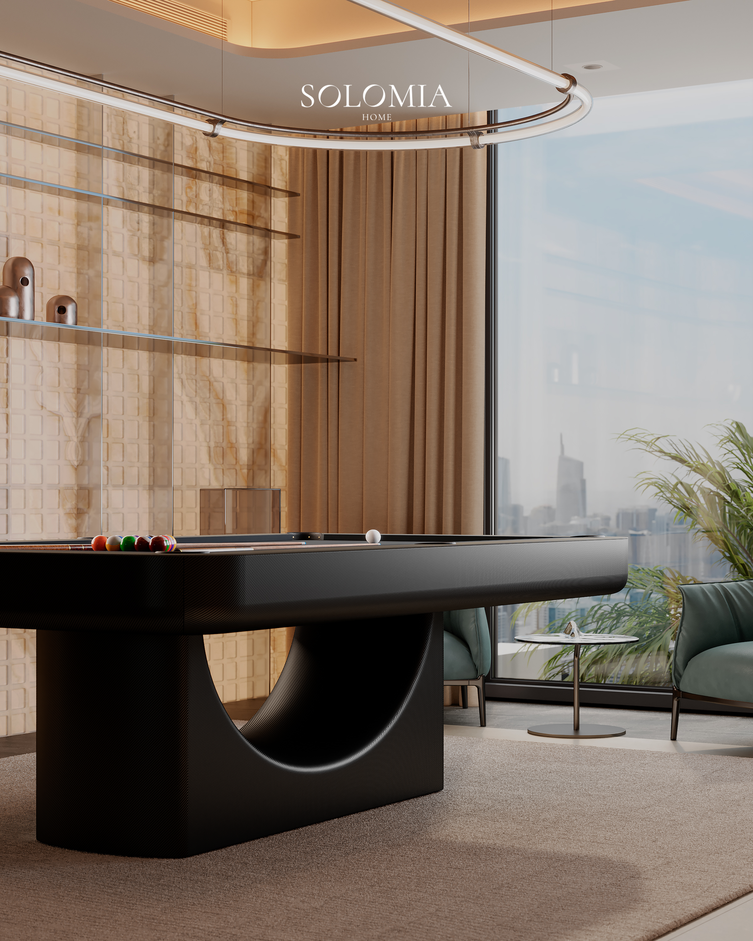 Billiard table with skyline view, Marsa Al Arab Villa — luxury interior design Dubai